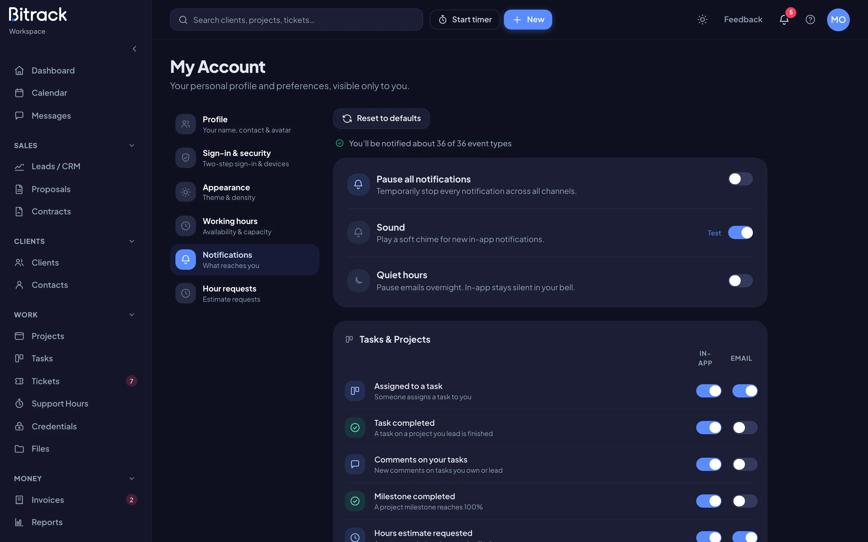 The Notifications section of My Account with pause, sound, quiet hours and per-event switches (dark mode)