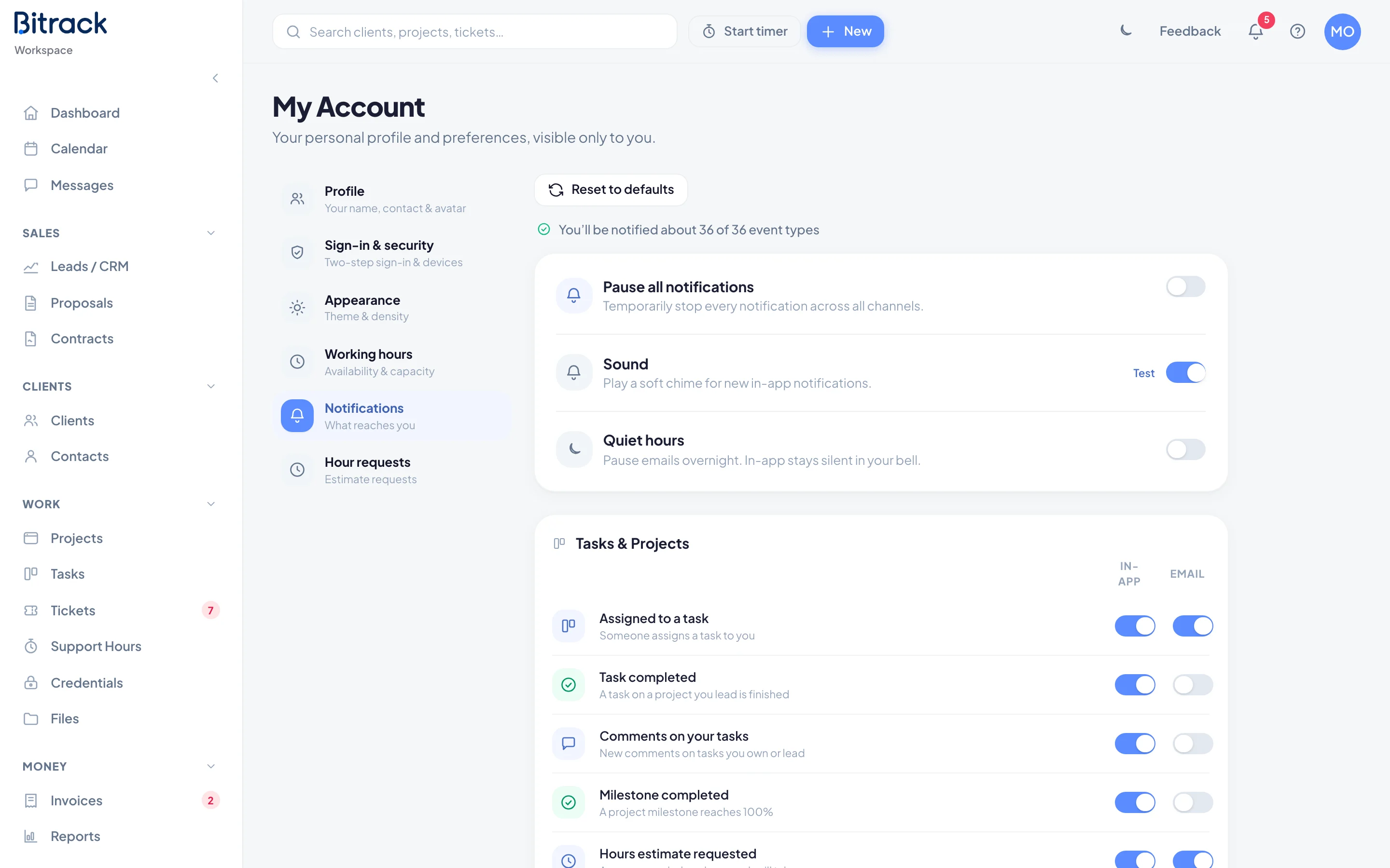 The Notifications section of My Account with pause, sound, quiet hours and per-event switches
