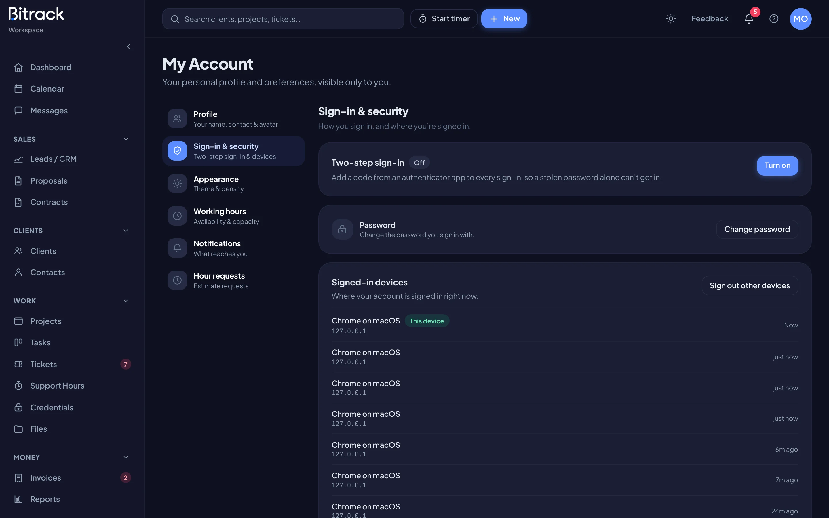 The Sign-in & security section with two-step sign-in, password, Google and signed-in devices (dark mode)