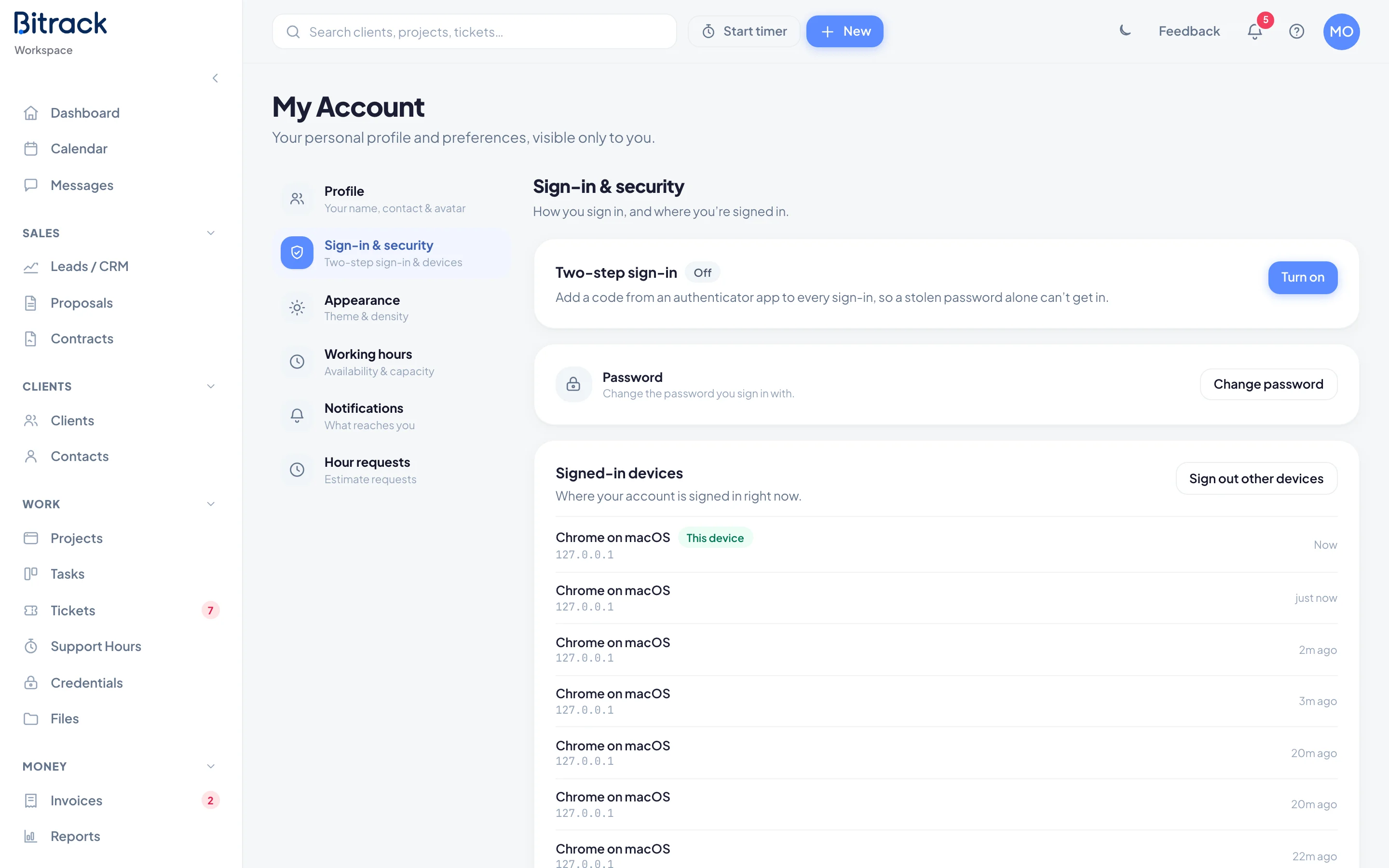 The Sign-in & security section with two-step sign-in, password, Google and signed-in devices