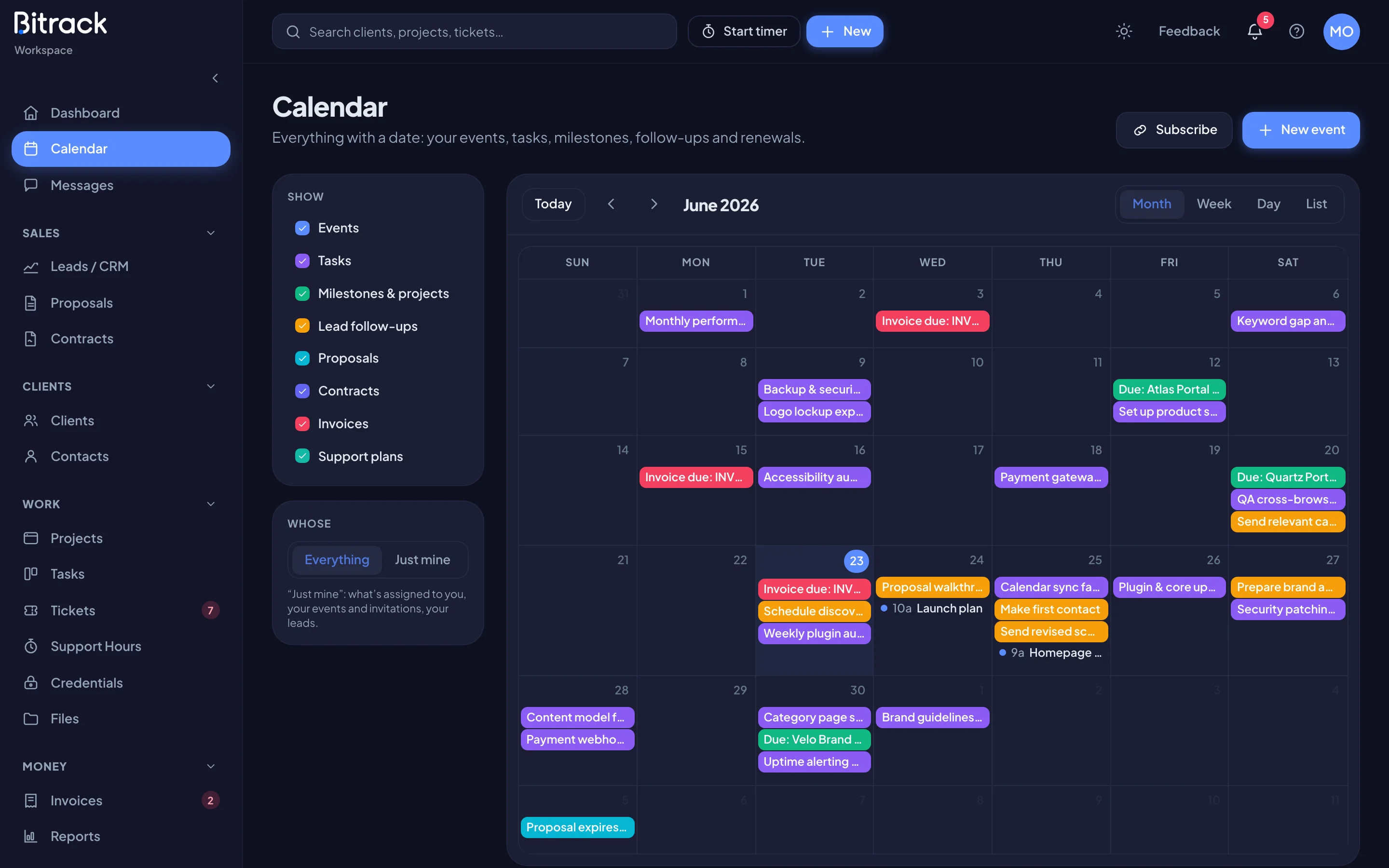 The calendar in Month view, with the Show and Whose panels on the left (dark mode)