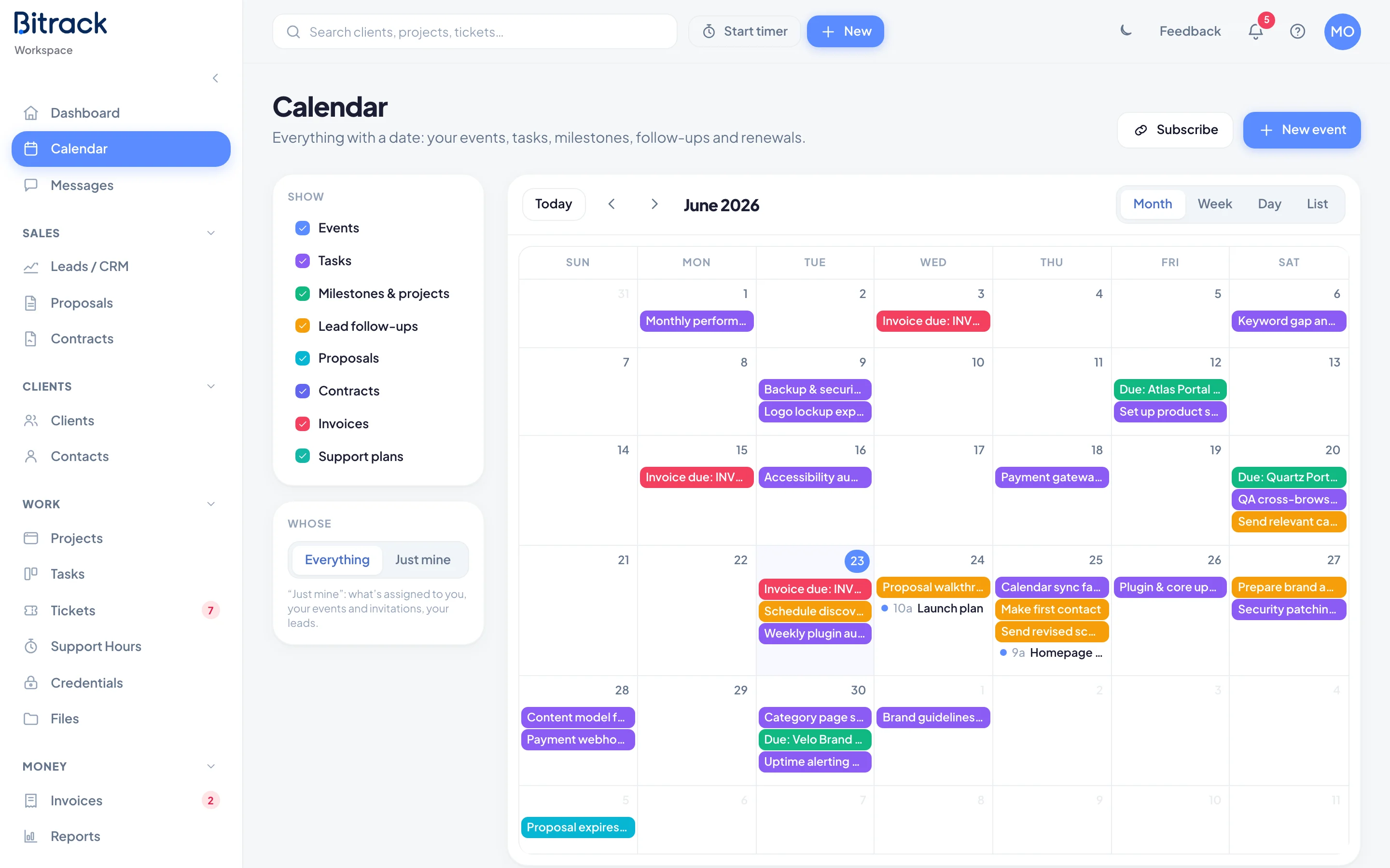 The calendar in Month view, with the Show and Whose panels on the left