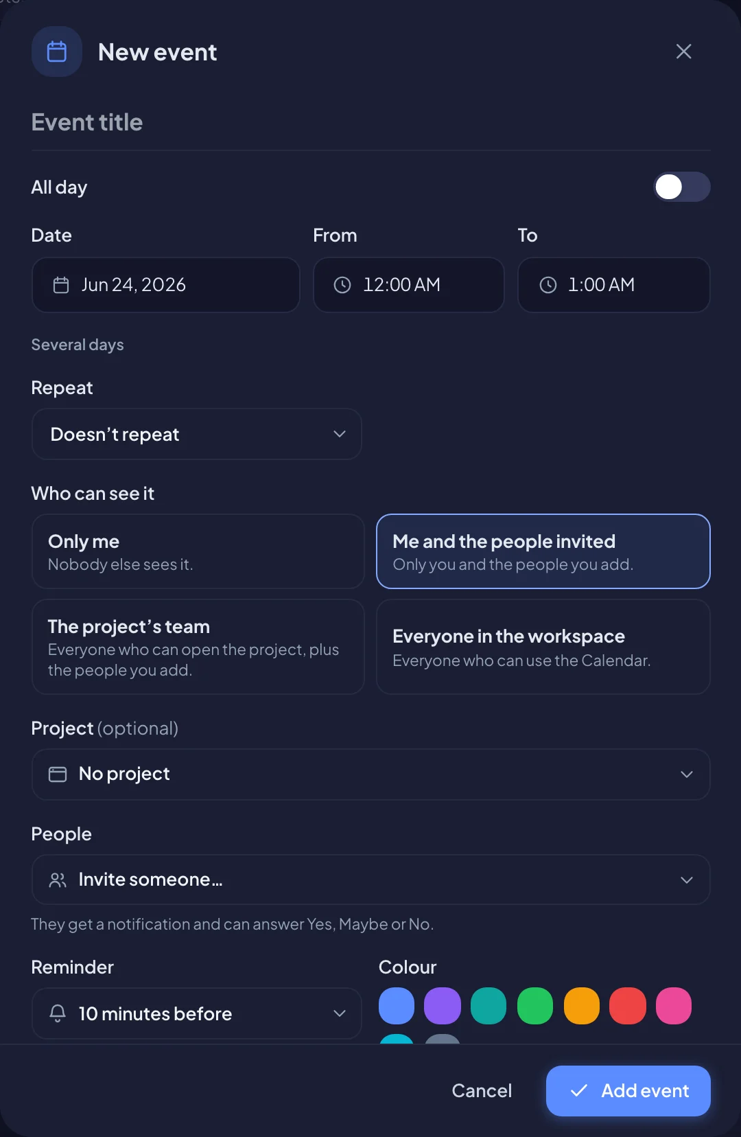 The New event form (dark mode)