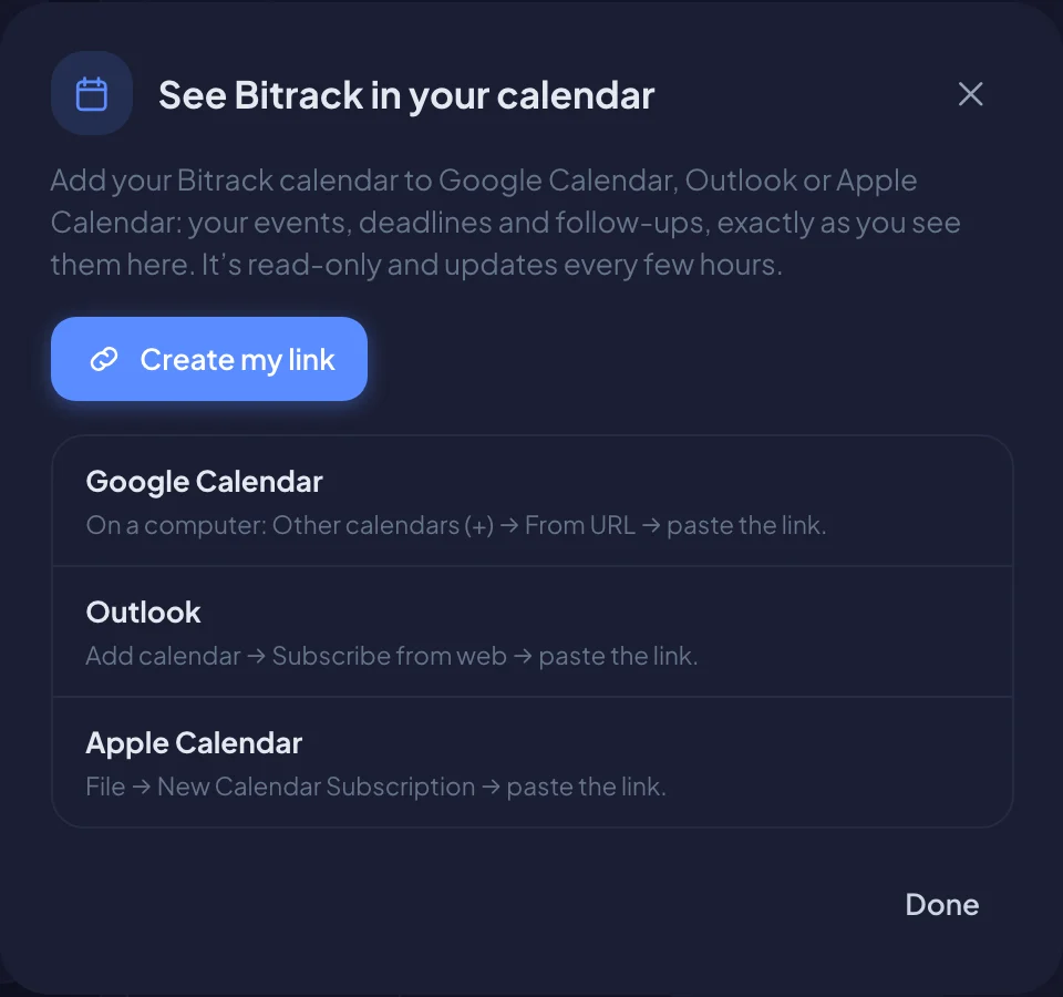 The See Bitrack in your calendar window (dark mode)
