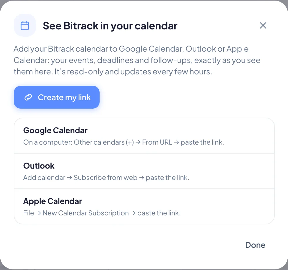 The See Bitrack in your calendar window