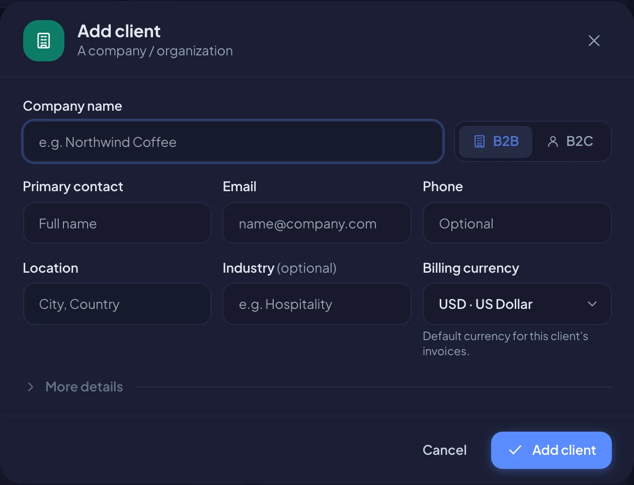 The Add client form (dark mode)