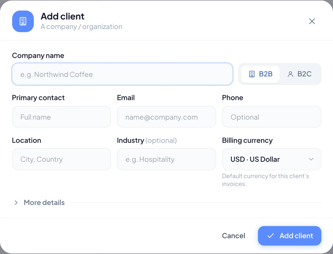 The Add client form