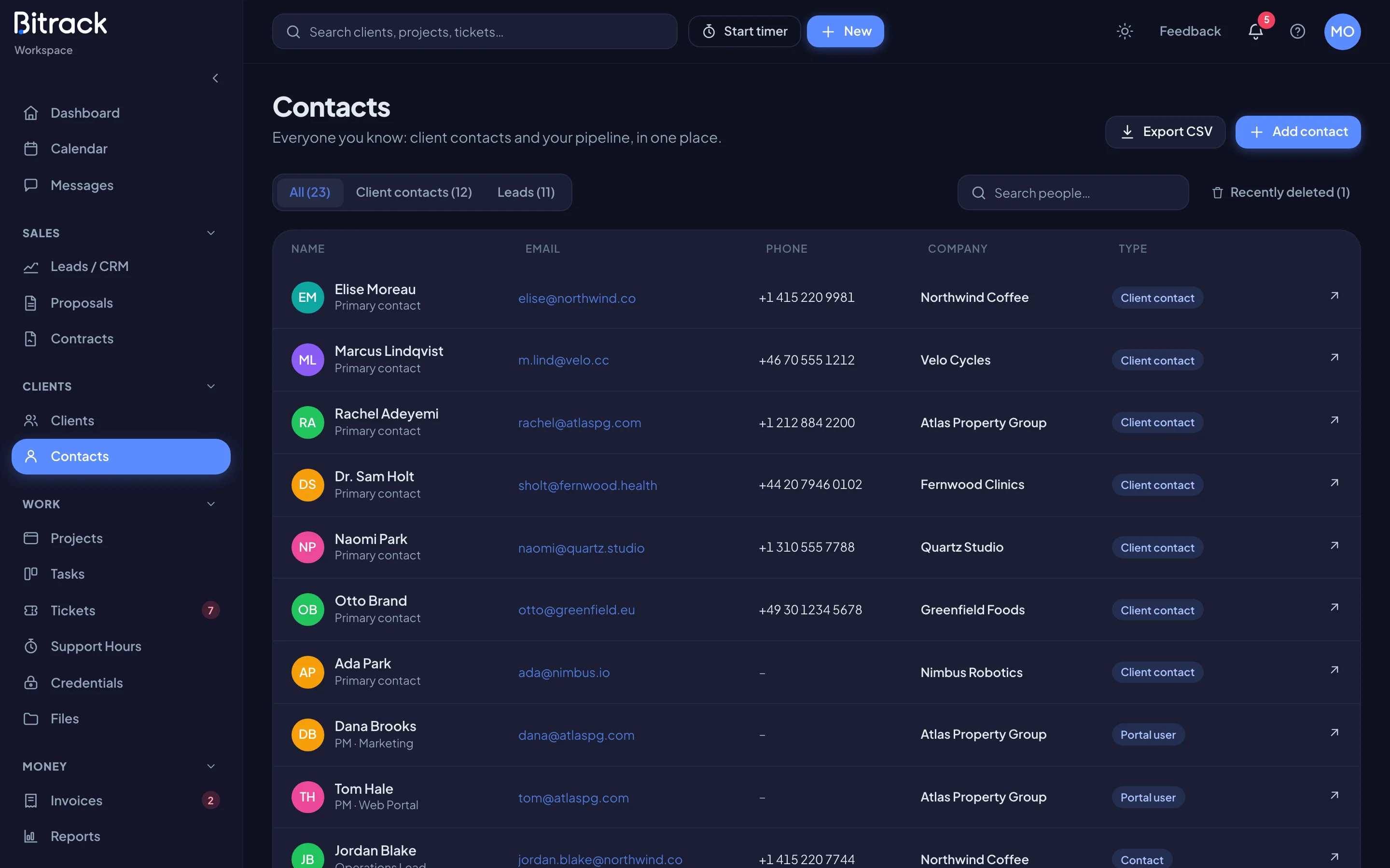 The Contacts directory (dark mode)