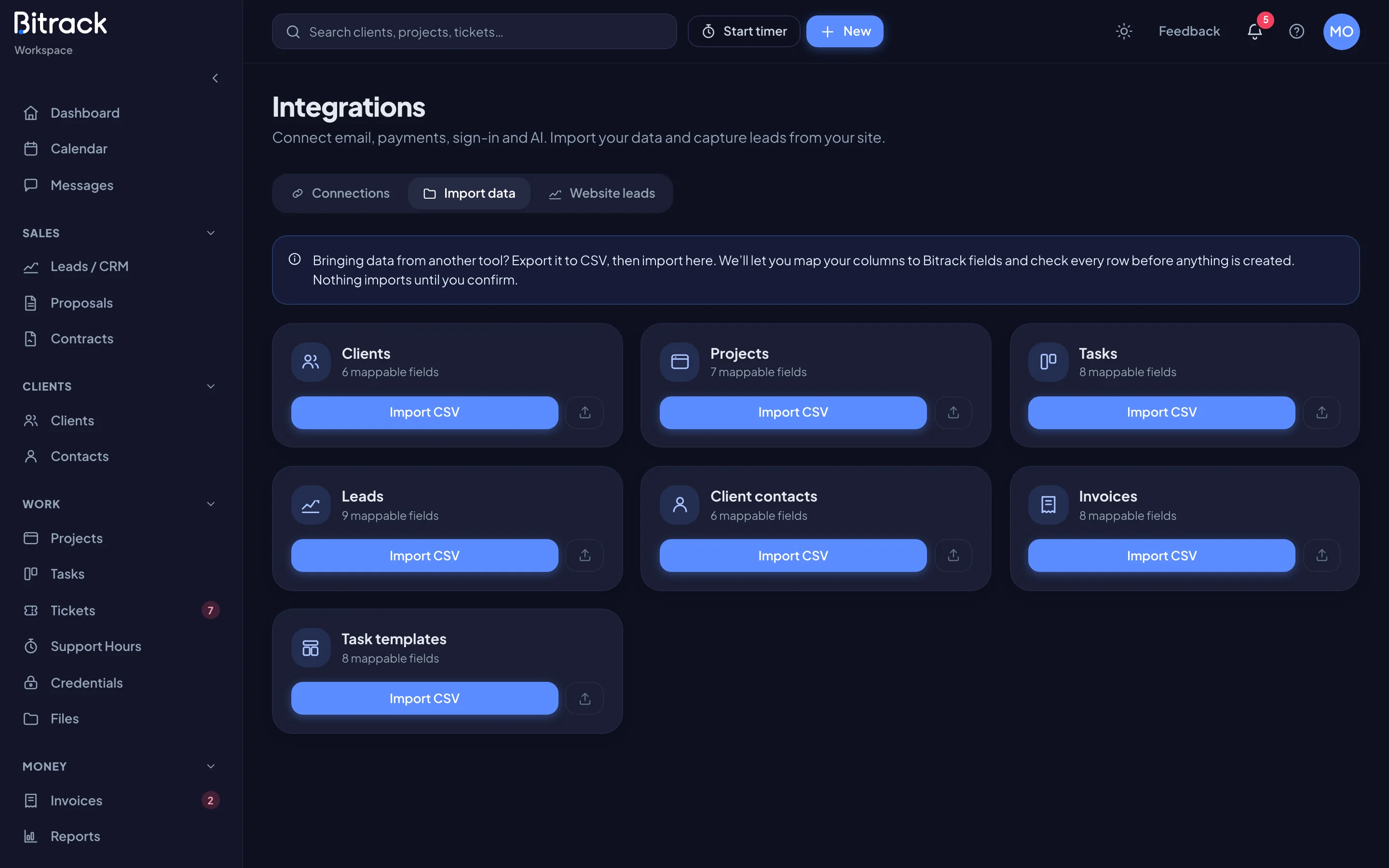 The Import data tab in Integrations (dark mode)