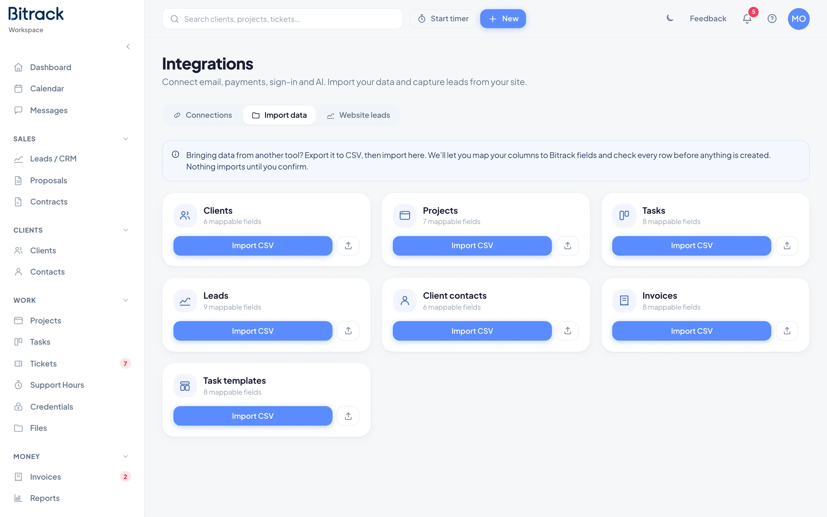The Import data tab in Integrations