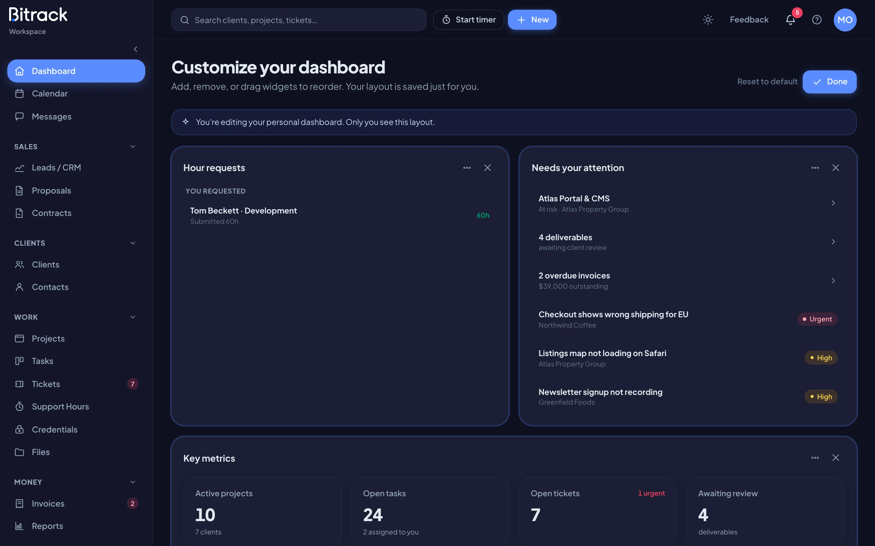 The dashboard in customize mode, with controls on each widget (dark mode)