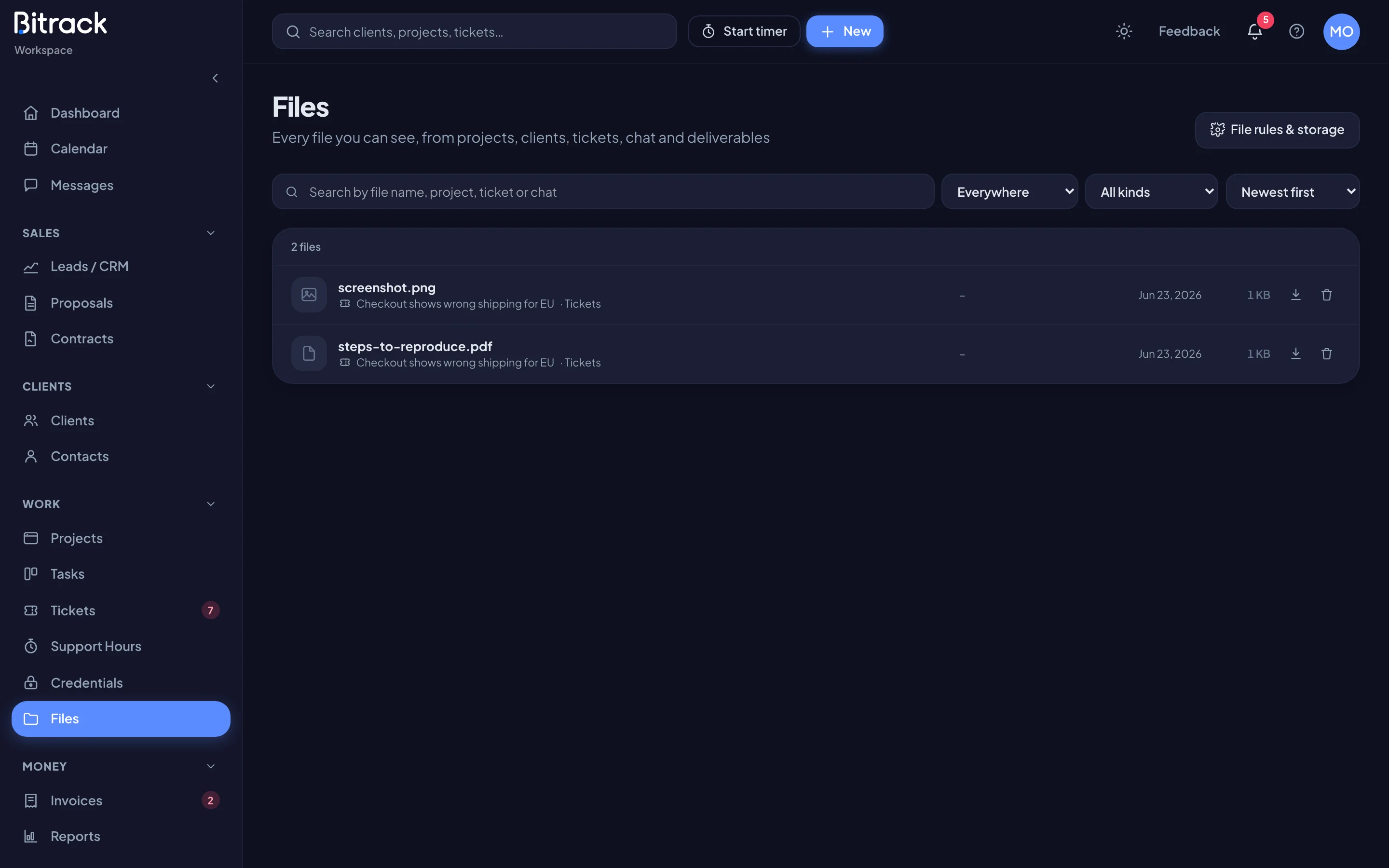 The Files page, listing files from across the workspace (dark mode)