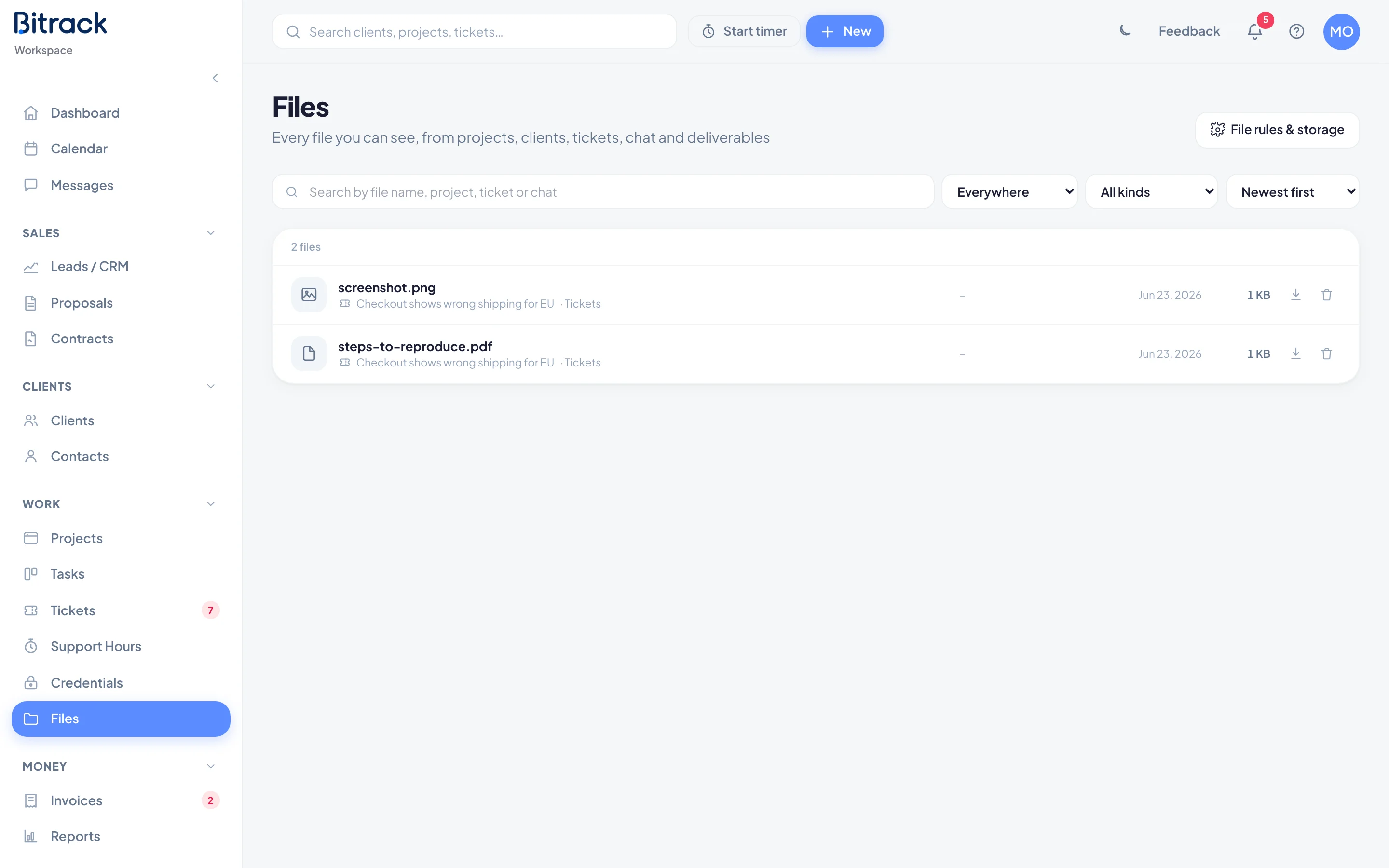 The Files page, listing files from across the workspace