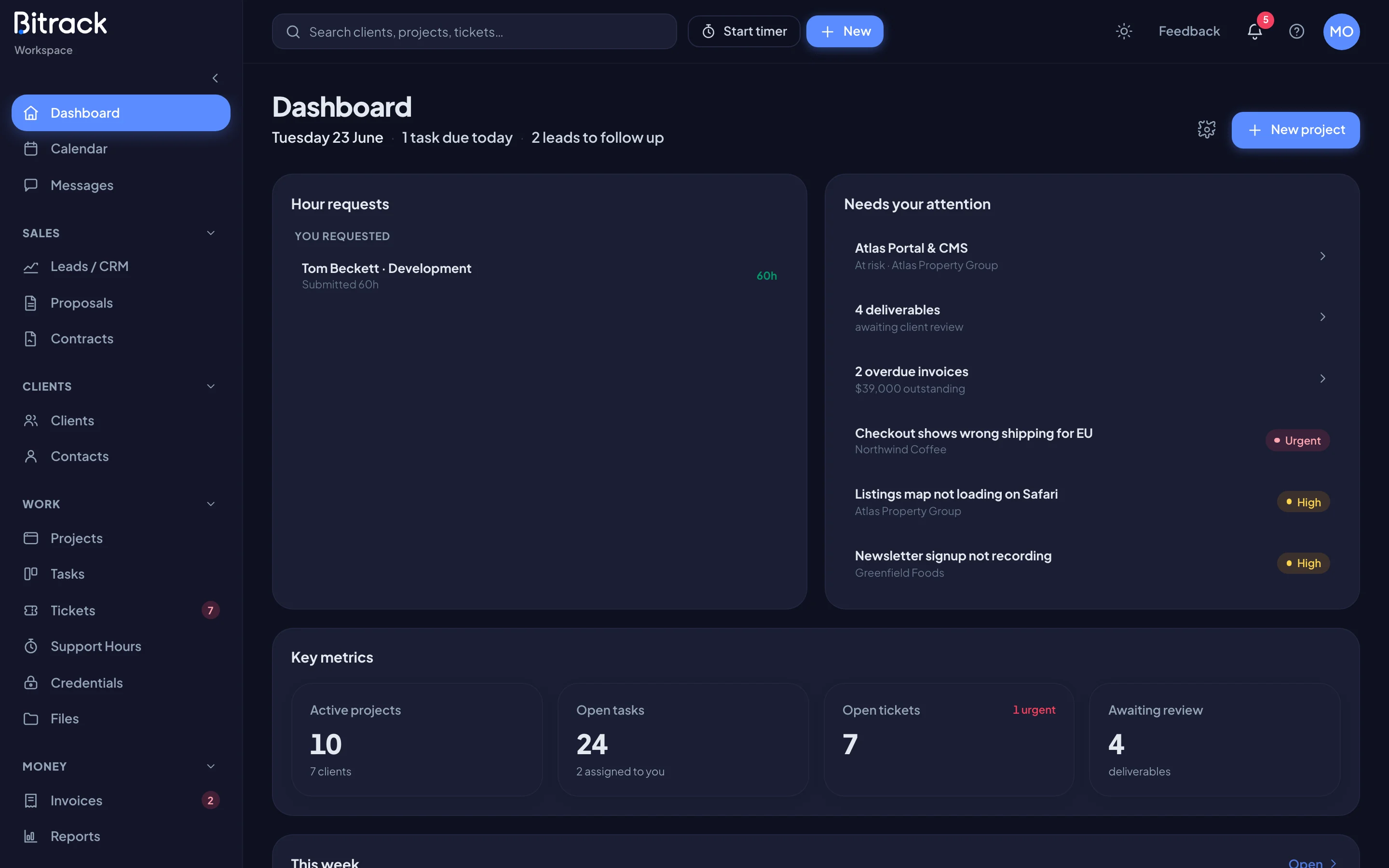 The Bitrack dashboard, with the sidebar on the left and the top bar above (dark mode)