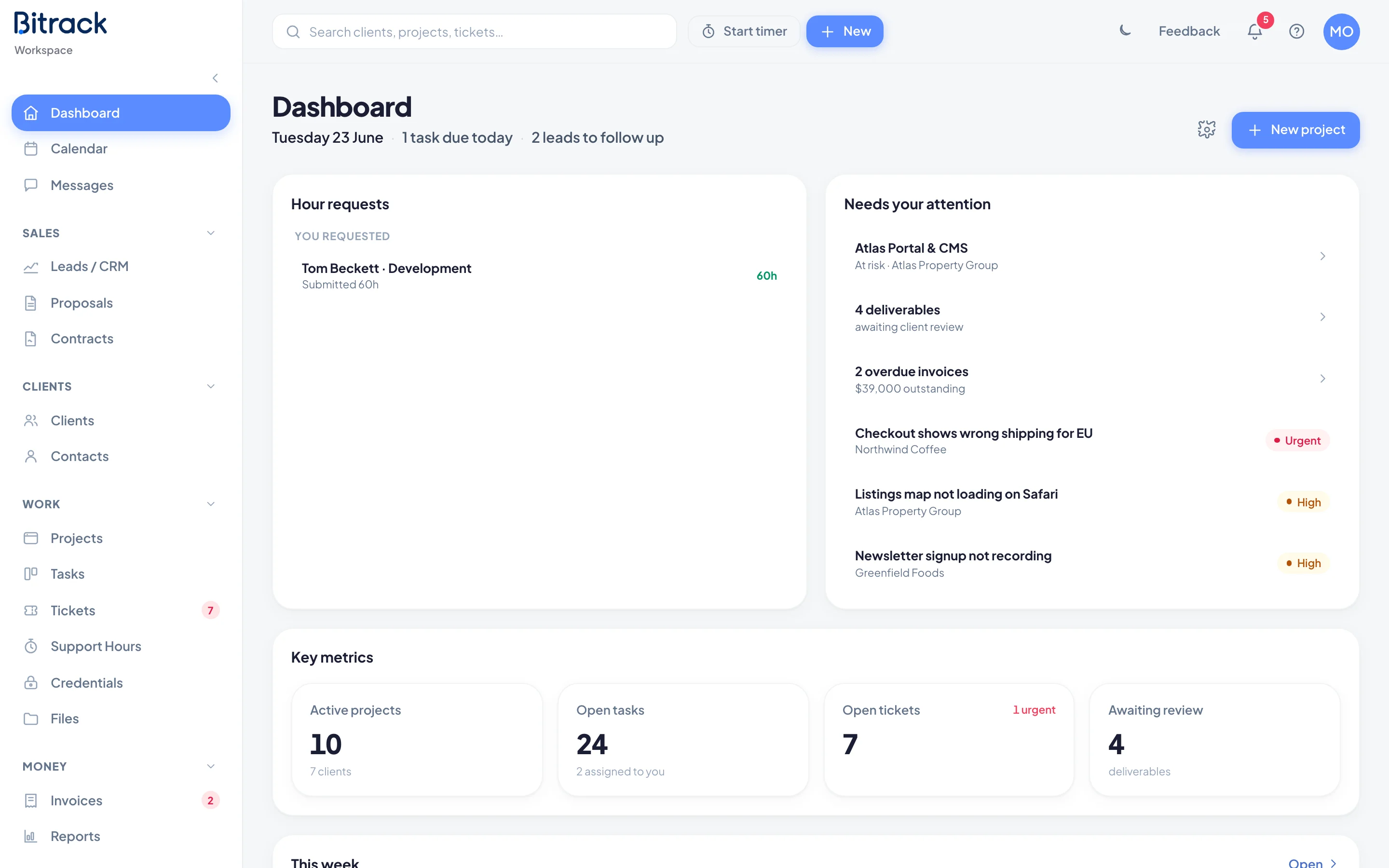 The Bitrack dashboard, with the sidebar on the left and the top bar above