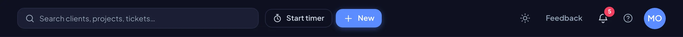 The top bar: search, timer, New, theme, feedback, notifications, help and your account (dark mode)