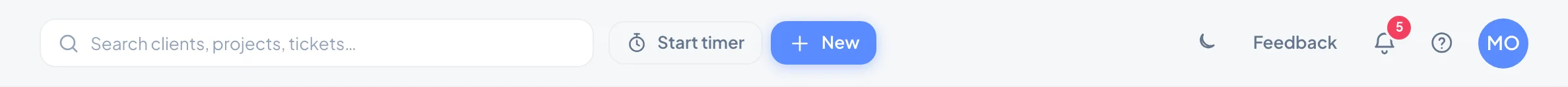 The top bar: search, timer, New, theme, feedback, notifications, help and your account