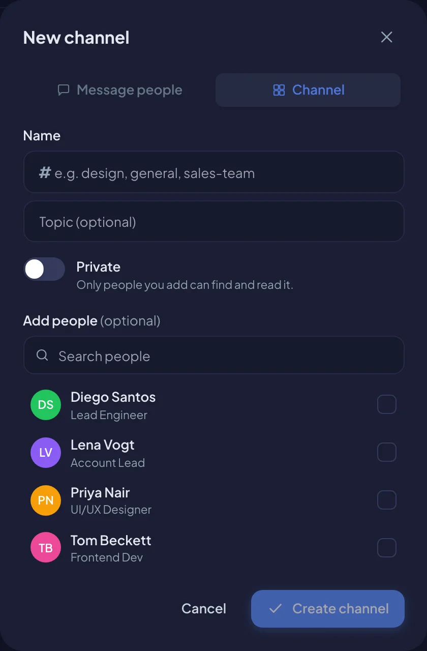 The New channel dialog with name, topic, private switch and people (dark mode)