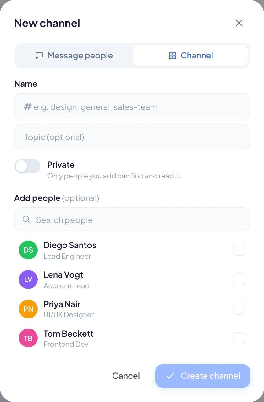 The New channel dialog with name, topic, private switch and people