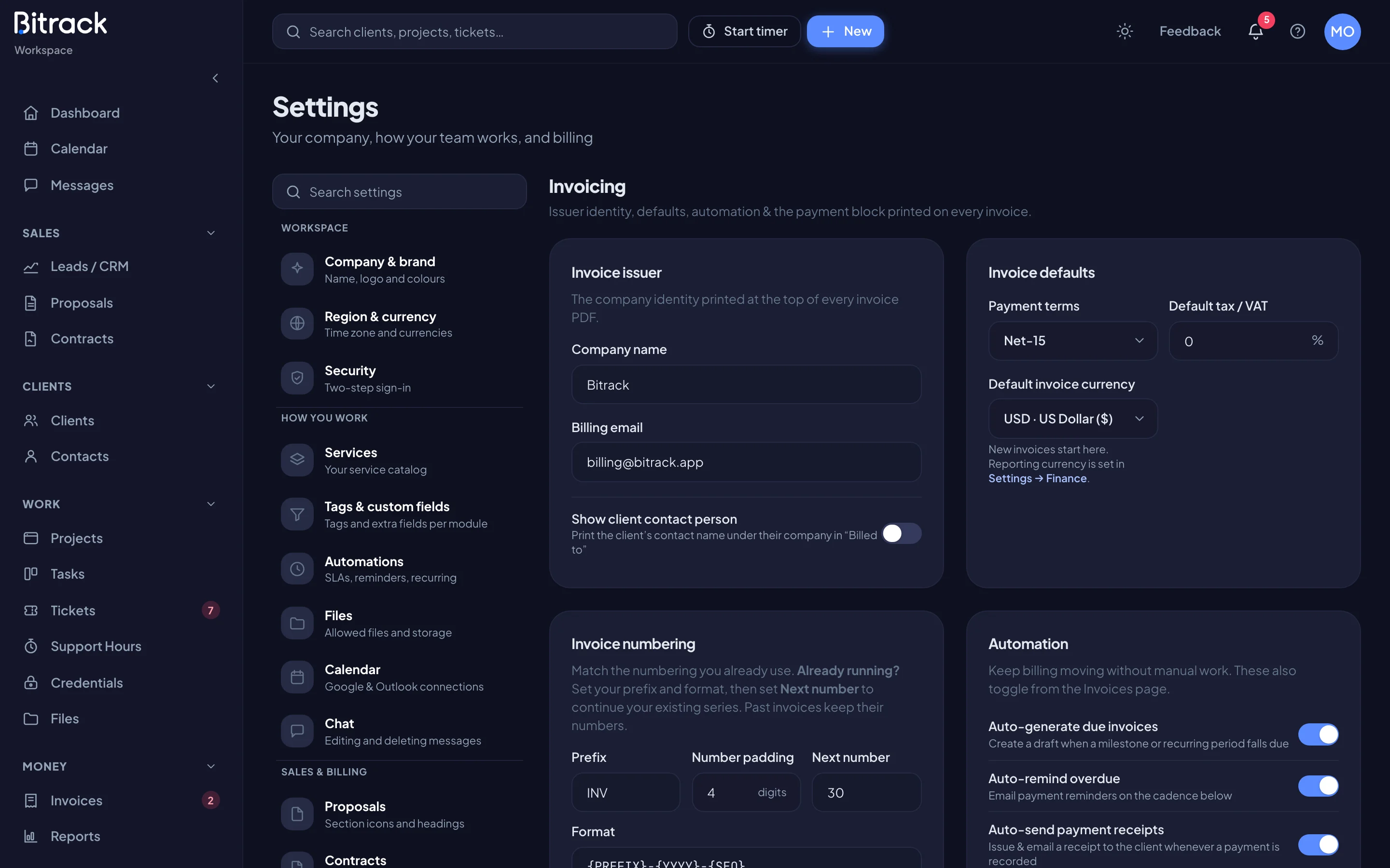 The Automation card in invoice settings, with the reminder cadence (dark mode)