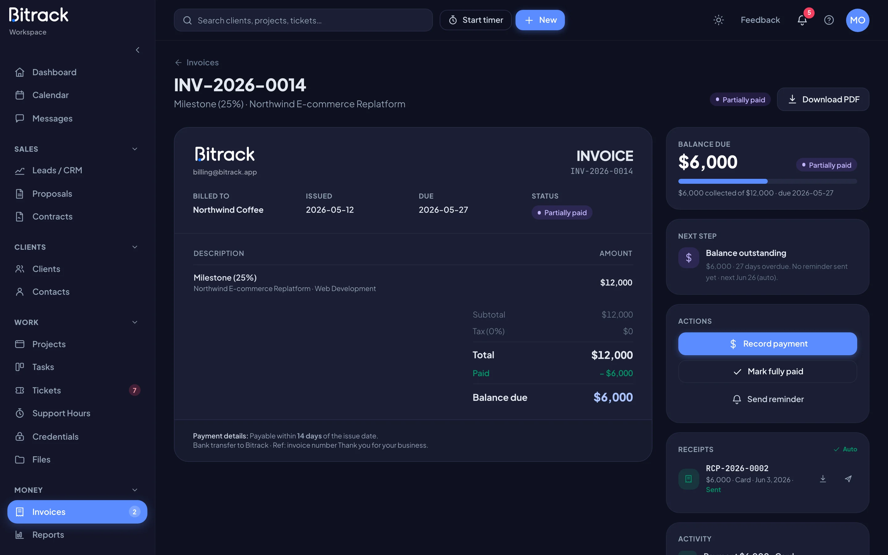An invoice with its balance, next step and actions (dark mode)