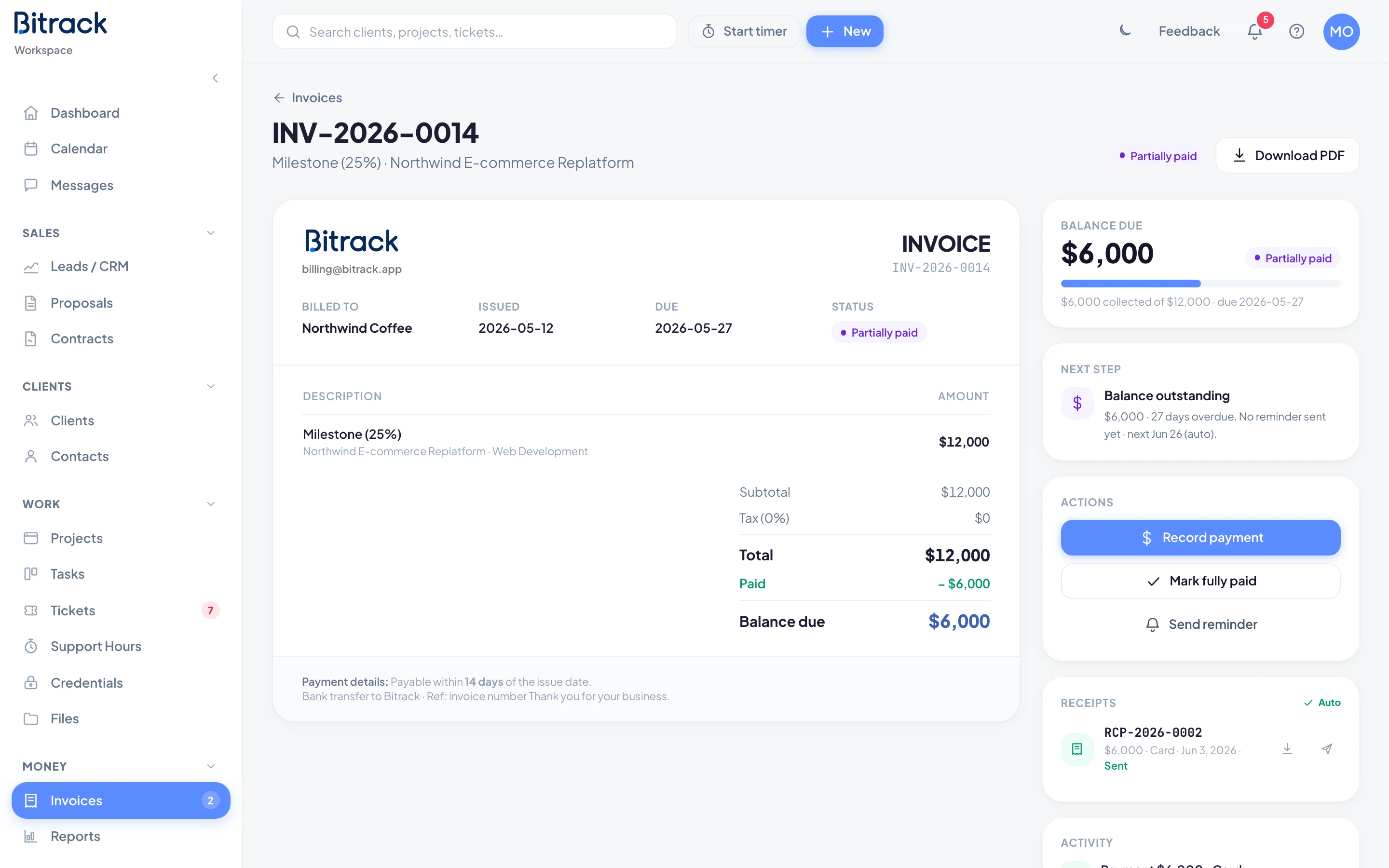 An invoice with its balance, next step and actions