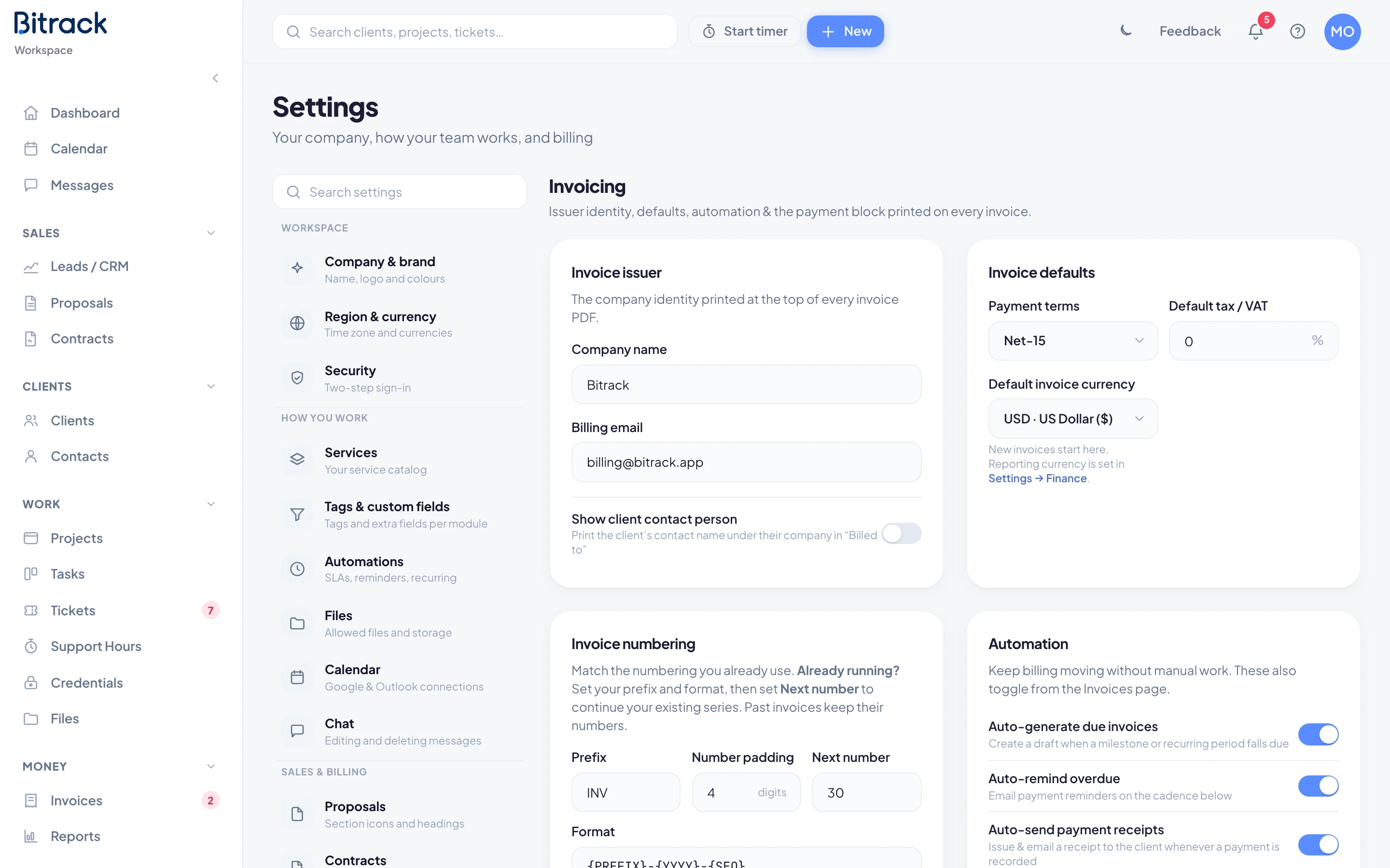 The Invoices section of Settings