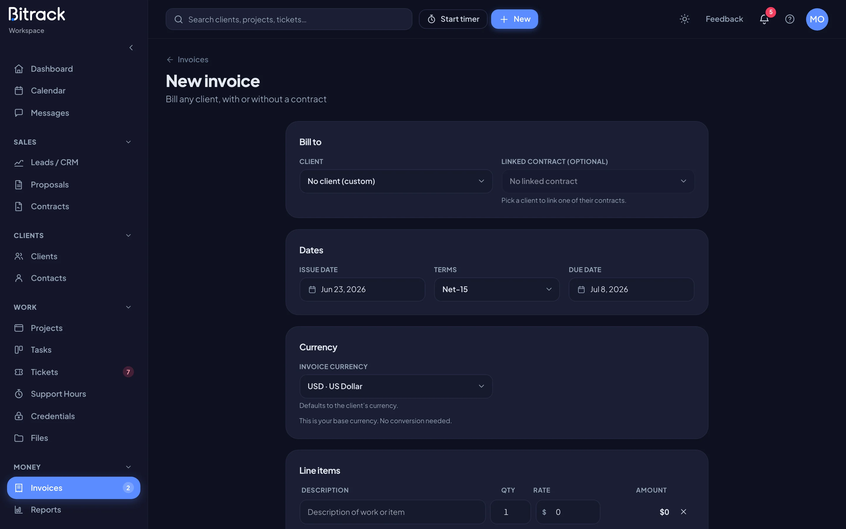 The New invoice page with client, dates, currency and line items (dark mode)