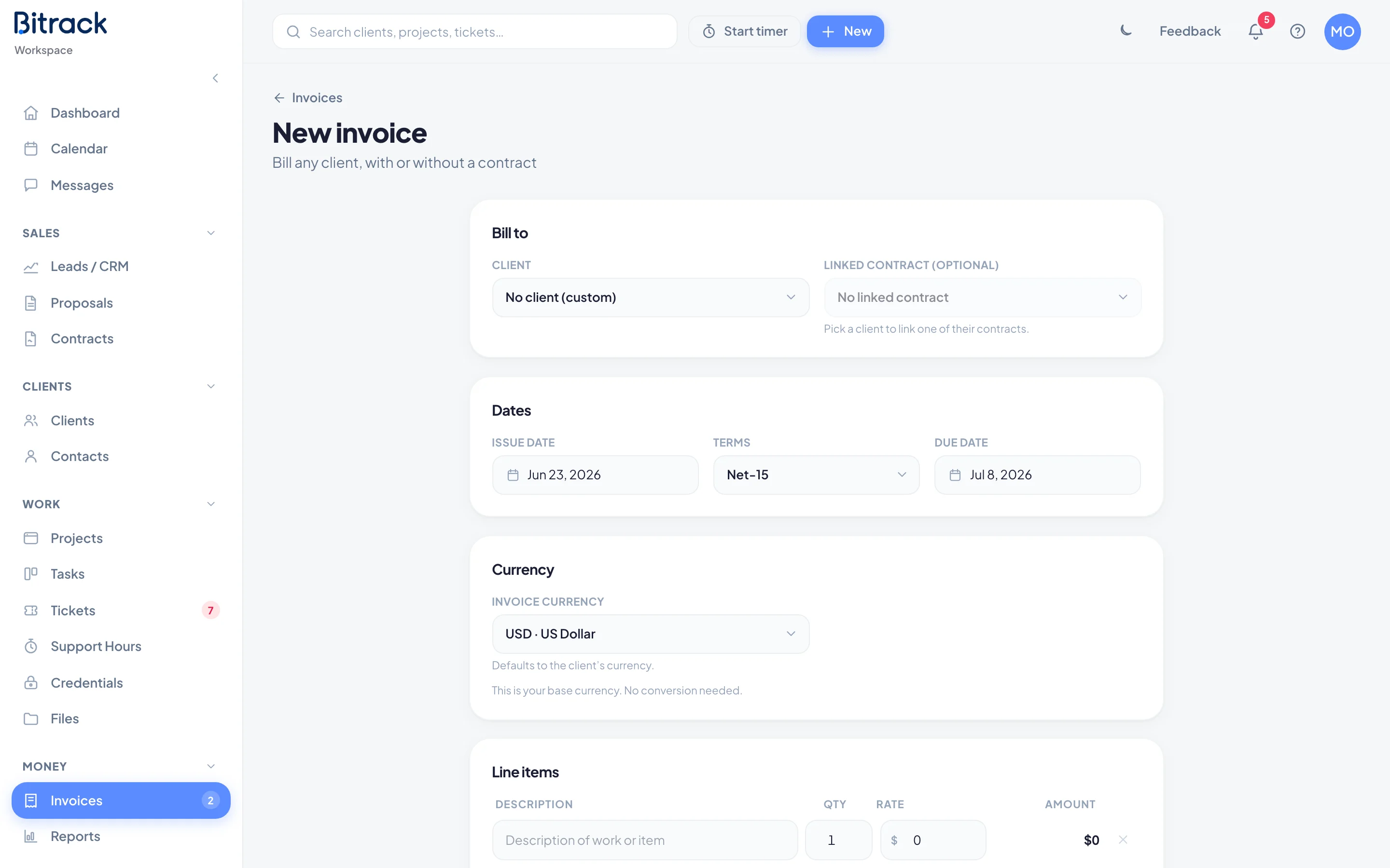 The New invoice page with client, dates, currency and line items