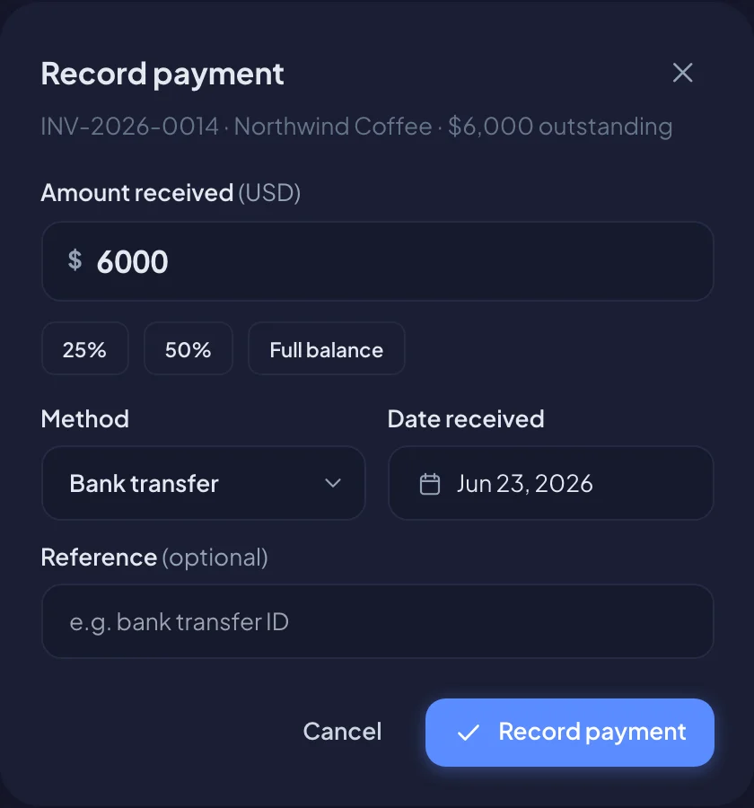 The Record payment dialog (dark mode)