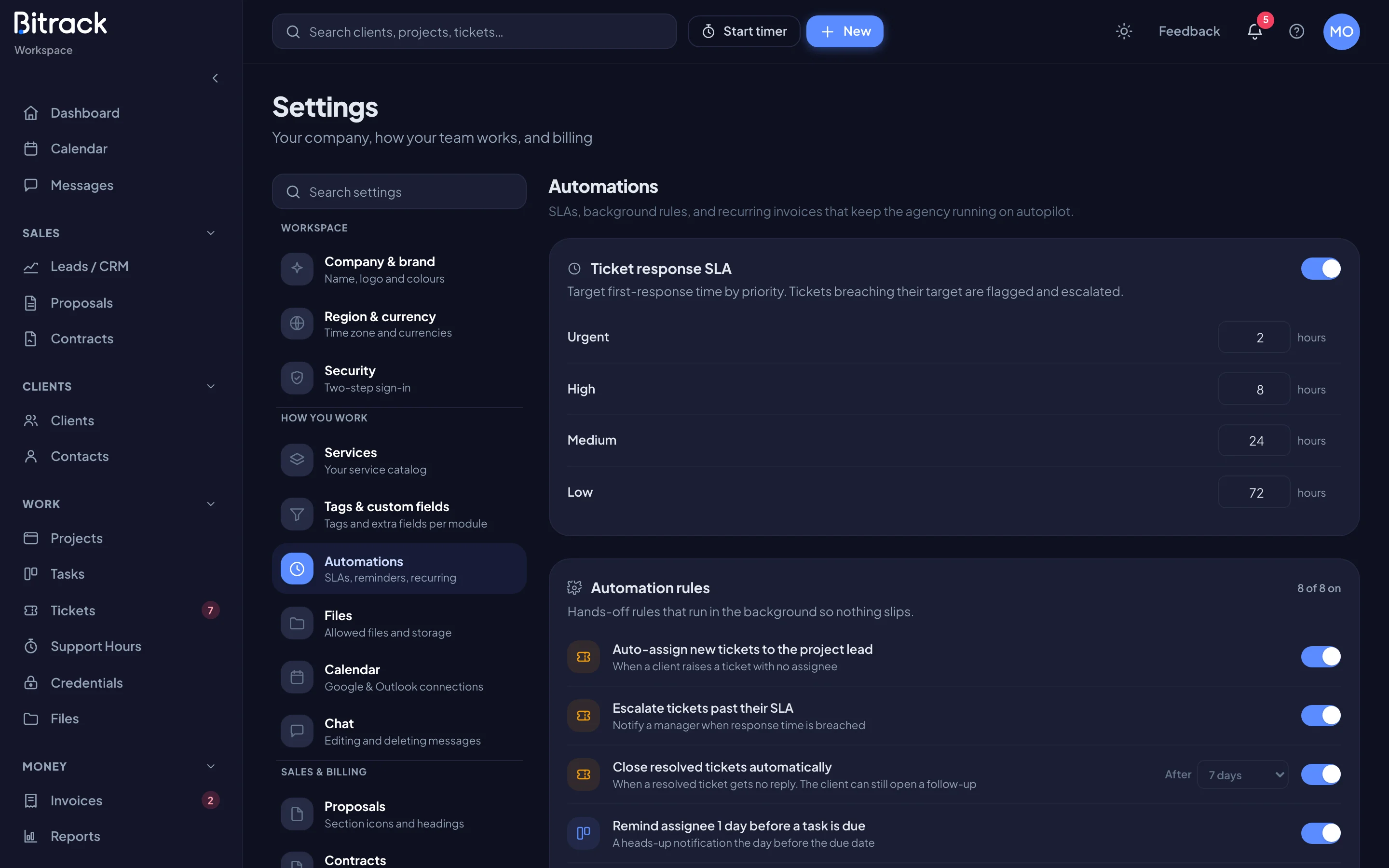 The Recurring invoices card in Settings, Automations (dark mode)