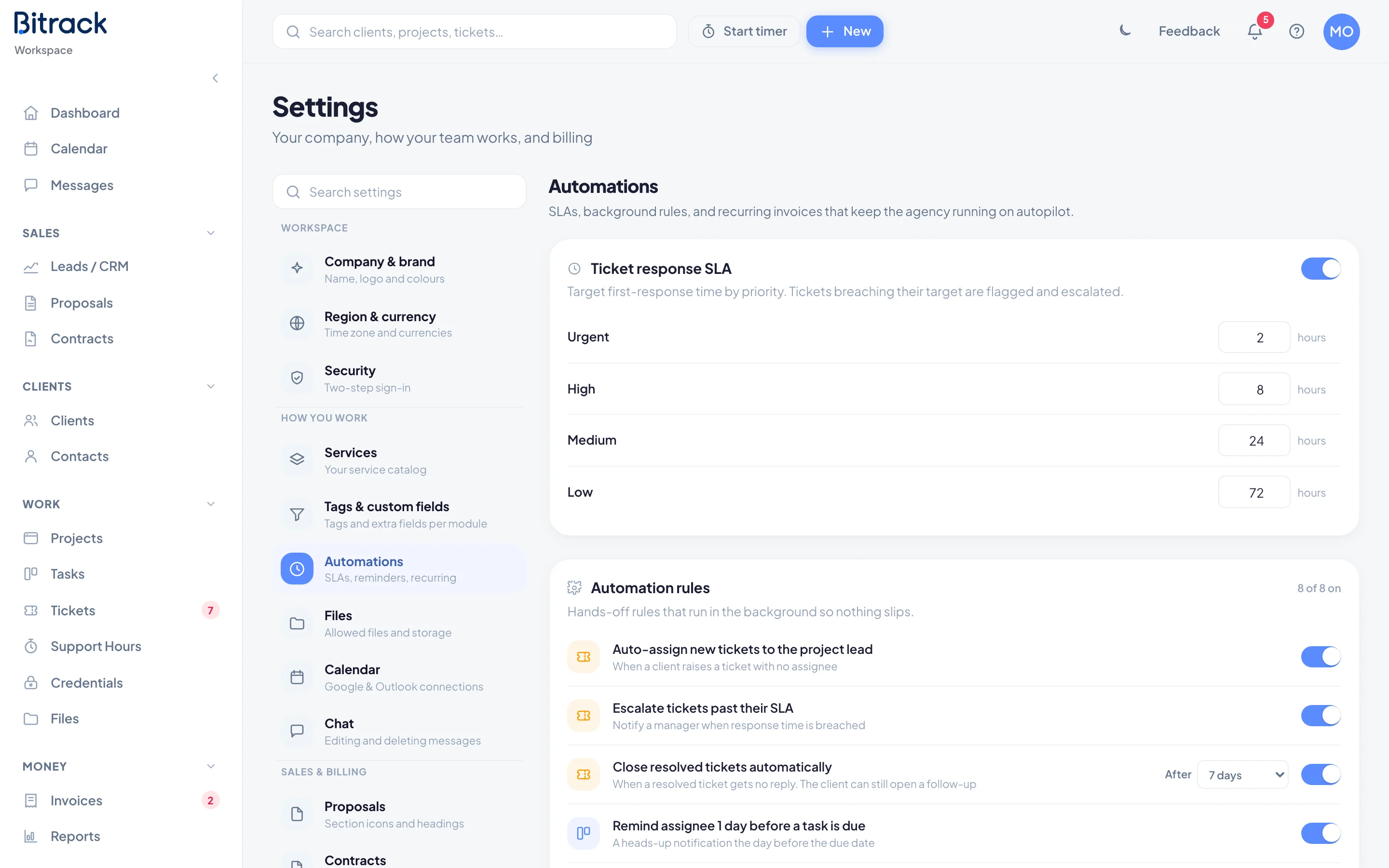 The Recurring invoices card in Settings, Automations
