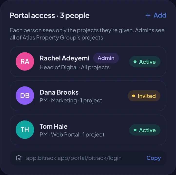 The Portal access card on a client's page (dark mode)