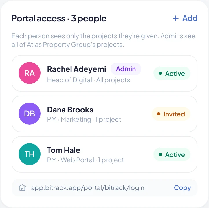 The Portal access card on a client's page