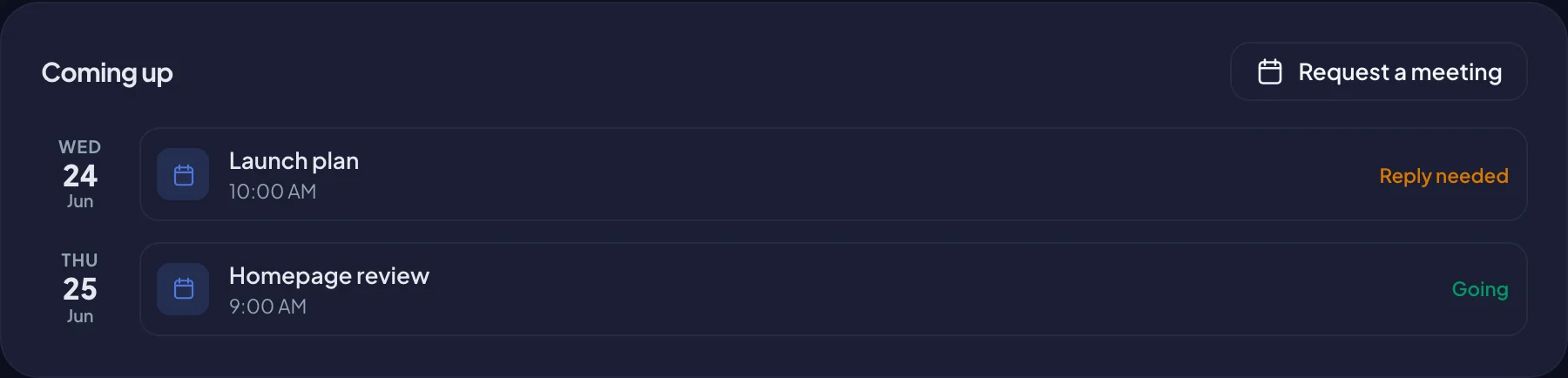 The Coming up card in a client's portal (dark mode)