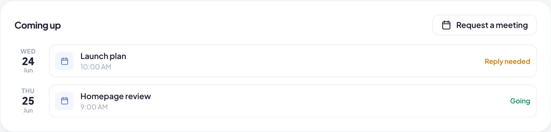 The Coming up card in a client's portal