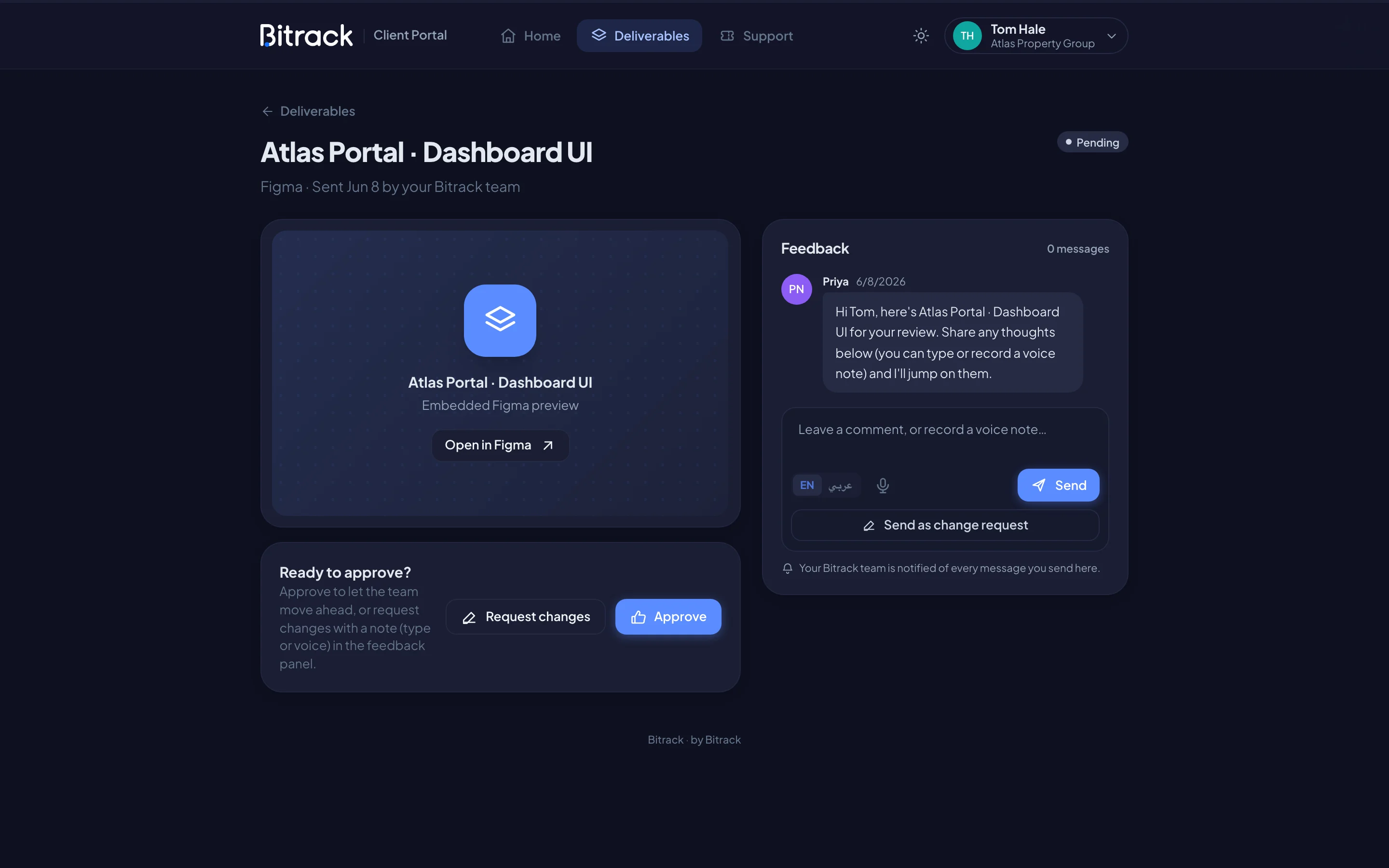 Reviewing a deliverable in the portal, with the Feedback panel (dark mode)