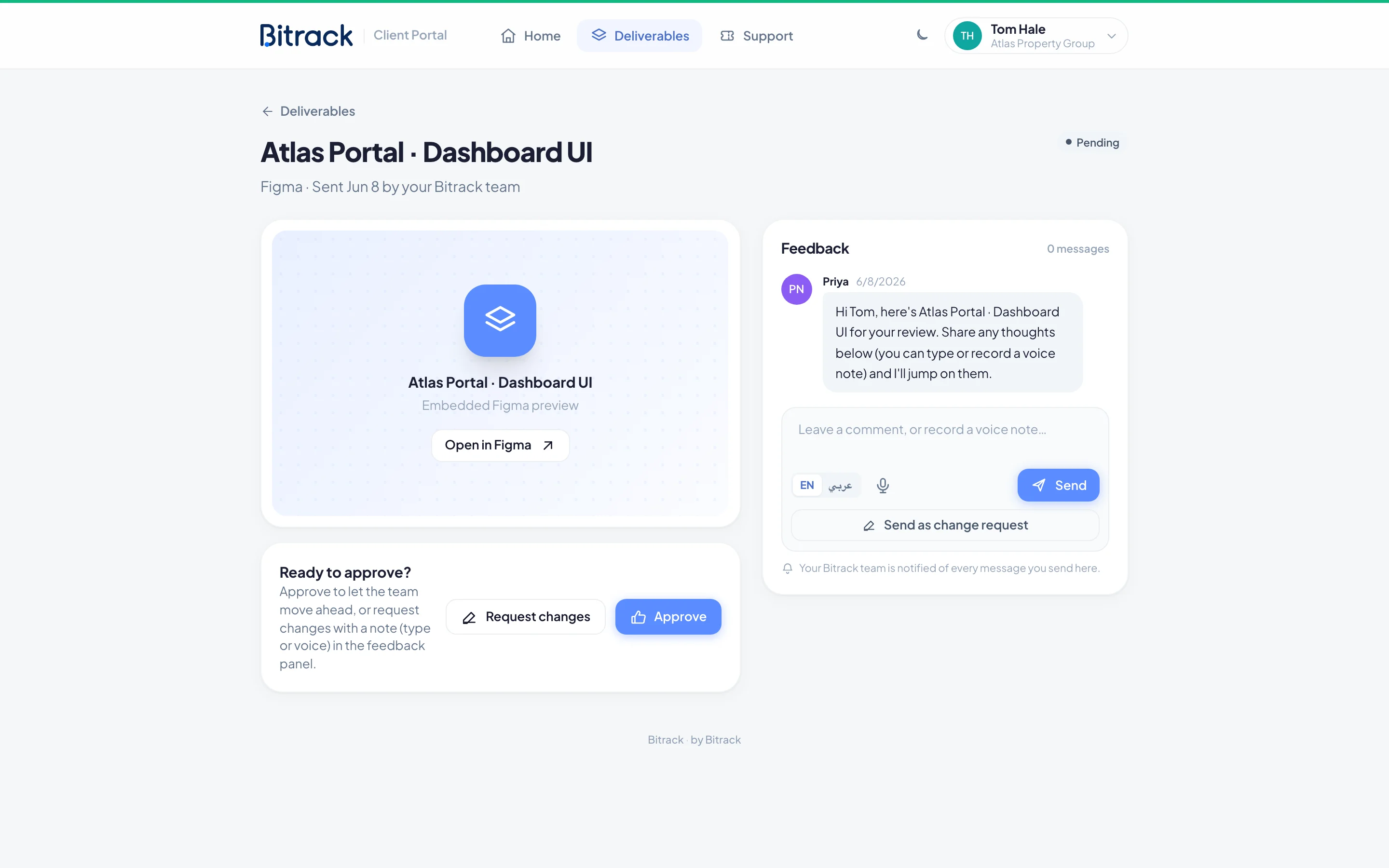 Reviewing a deliverable in the portal, with the Feedback panel
