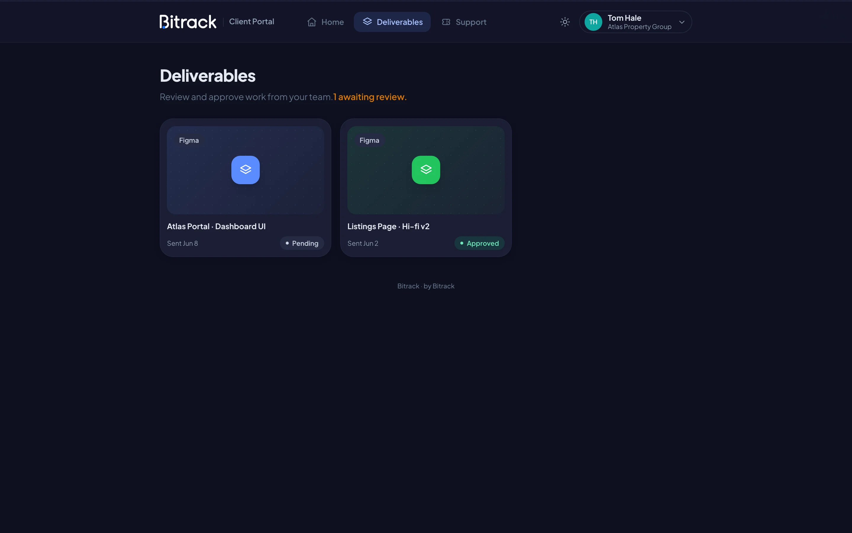 A client's Deliverables page in the portal (dark mode)