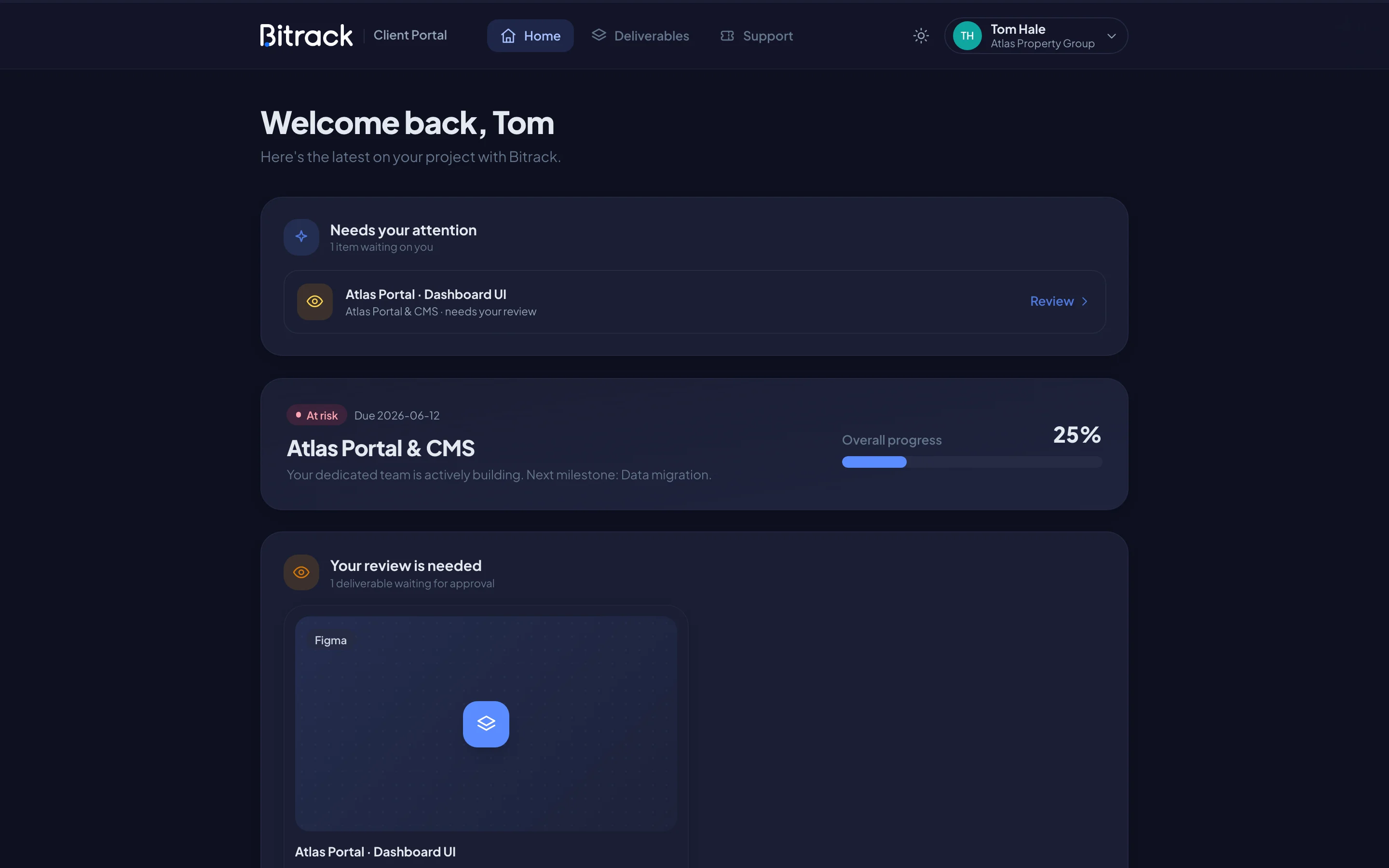 A client's portal home page, with what needs their attention and their project (dark mode)