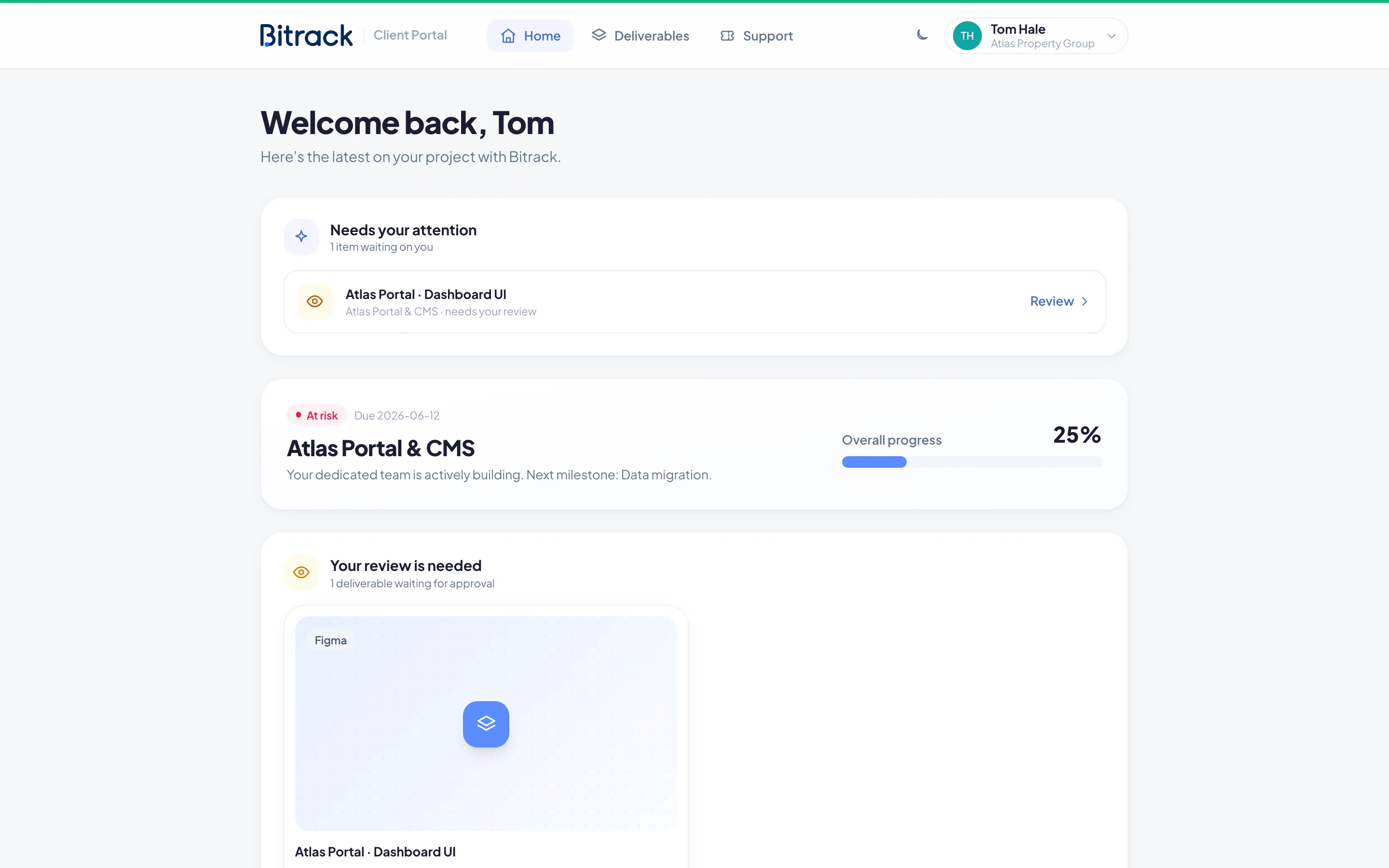 A client's portal home page, with what needs their attention and their project
