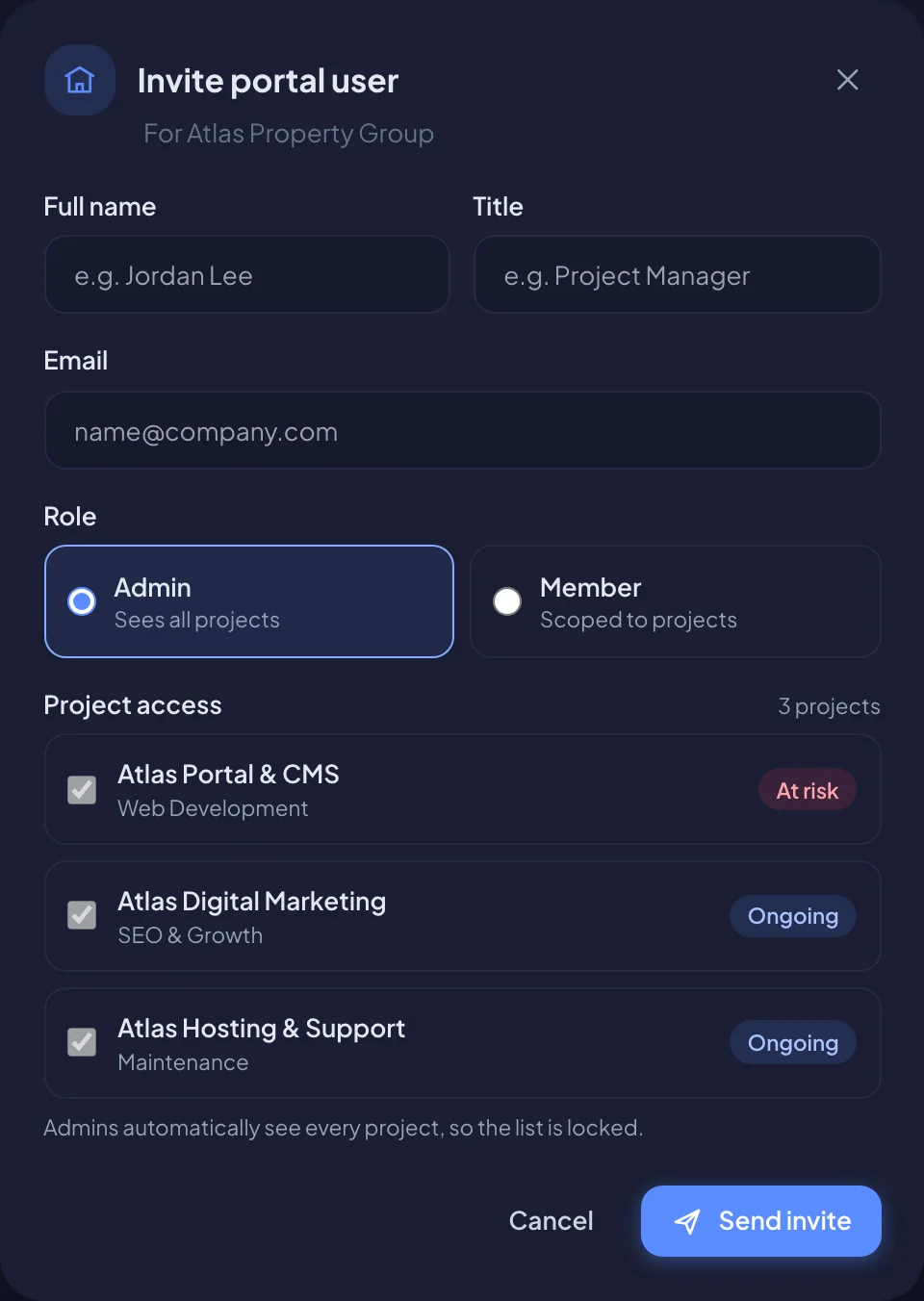 Inviting a portal user, with role, project access and extra rights (dark mode)