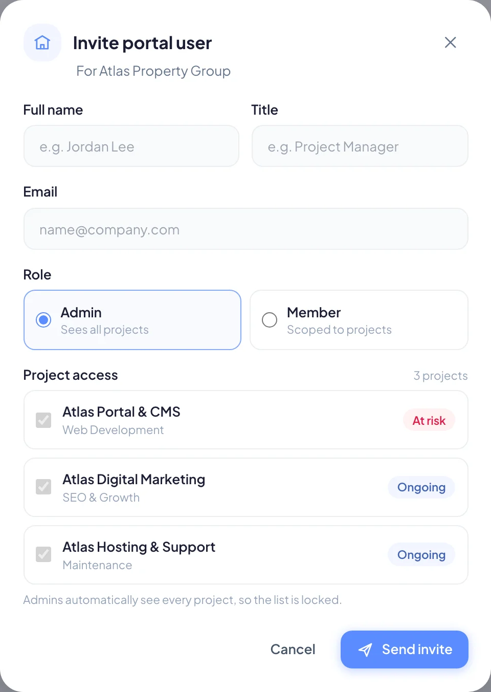Inviting a portal user, with role, project access and extra rights