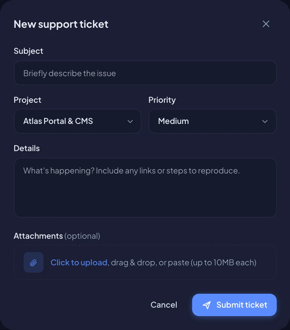 Opening a new support ticket in the portal (dark mode)