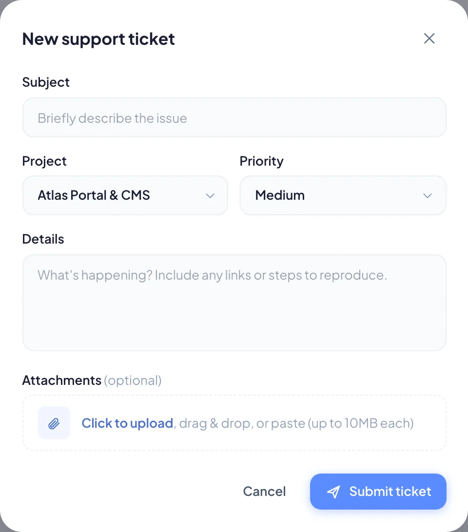 Opening a new support ticket in the portal