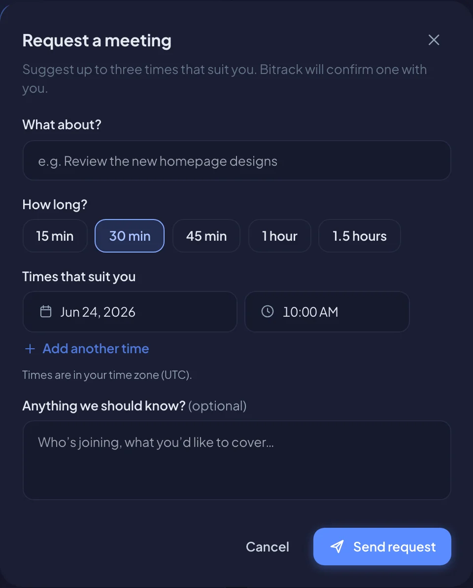 Requesting a meeting from the portal (dark mode)