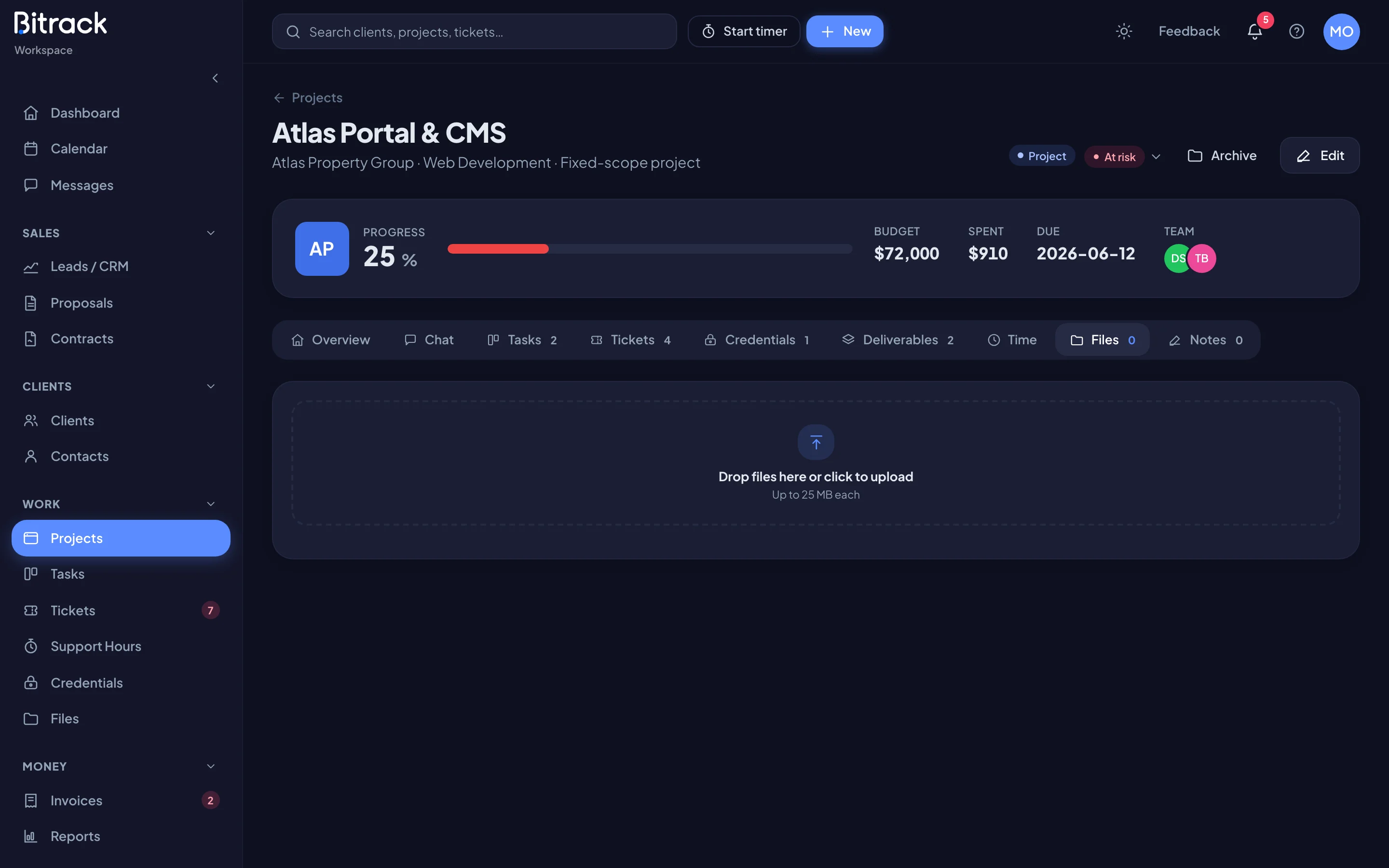 A project's Files tab (dark mode)