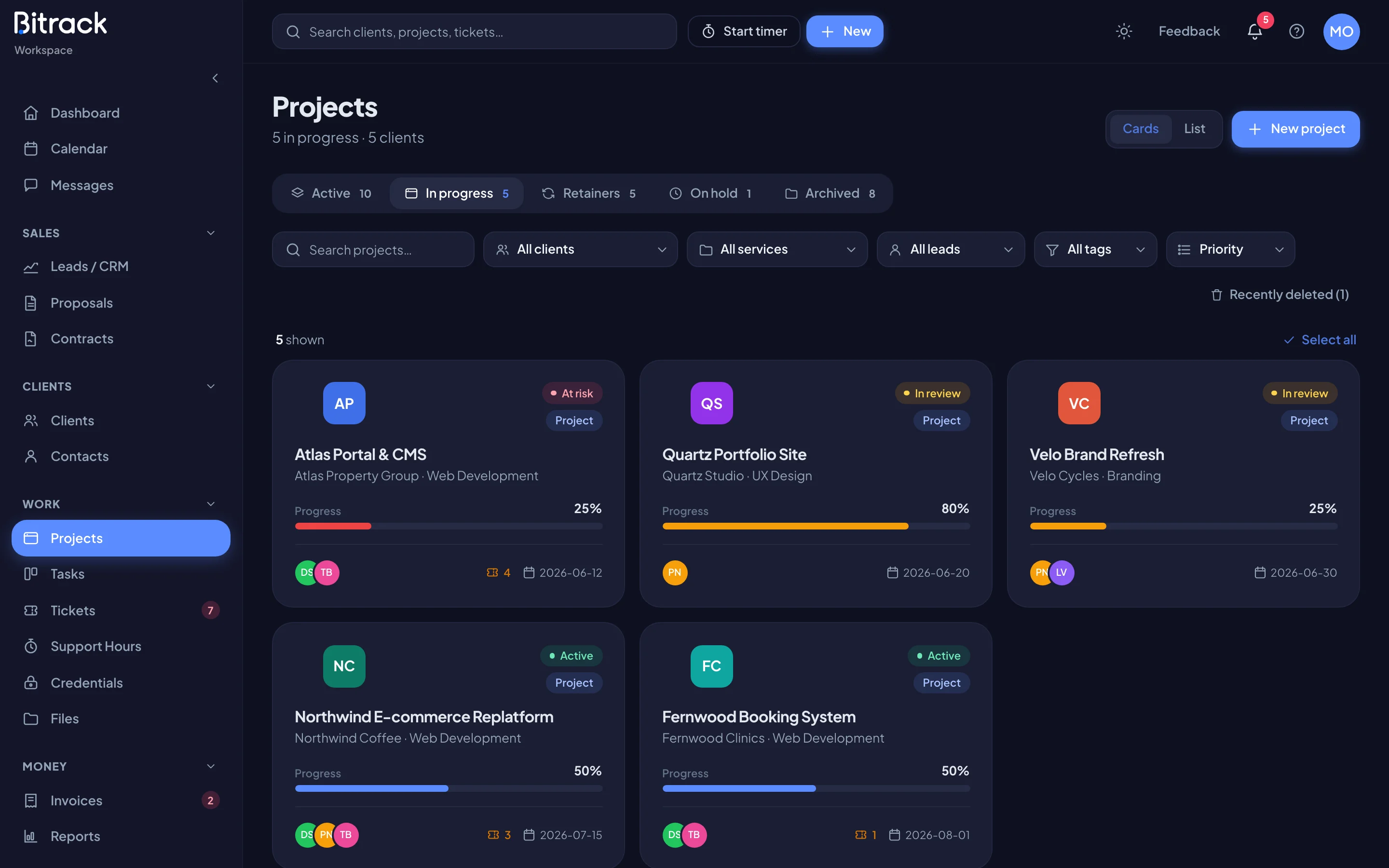 The Projects page, with cards for each active project (dark mode)