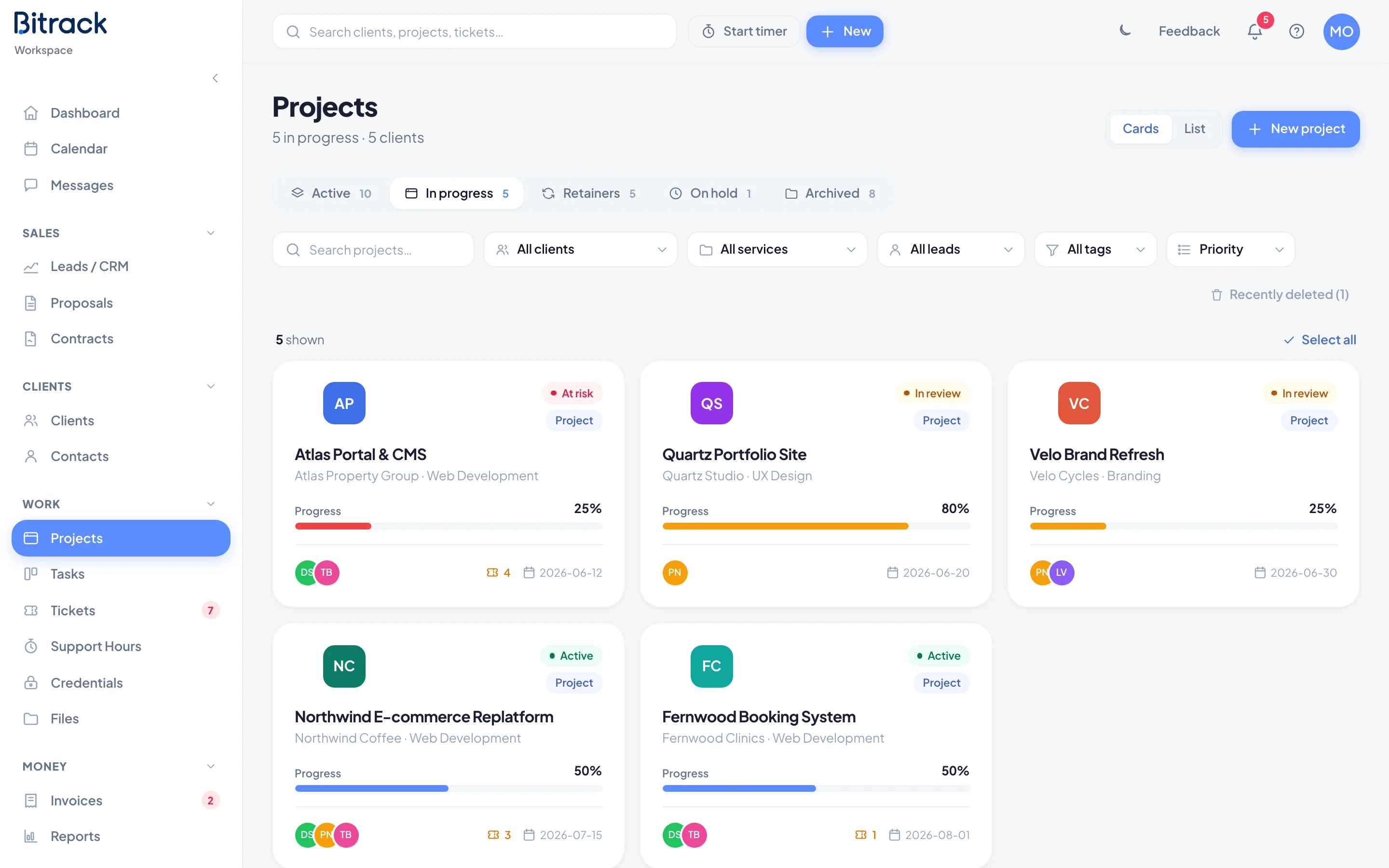 The Projects page, with cards for each active project