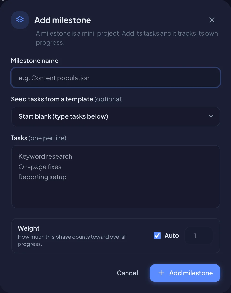 The Add milestone window (dark mode)
